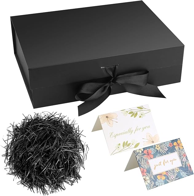 Black Gift Box with Ribbon, Magnetic Present Boxes with Lids, Gift Packaging Decorative Box, Presentation Box for Gifts, with Shredded Paper, Cards