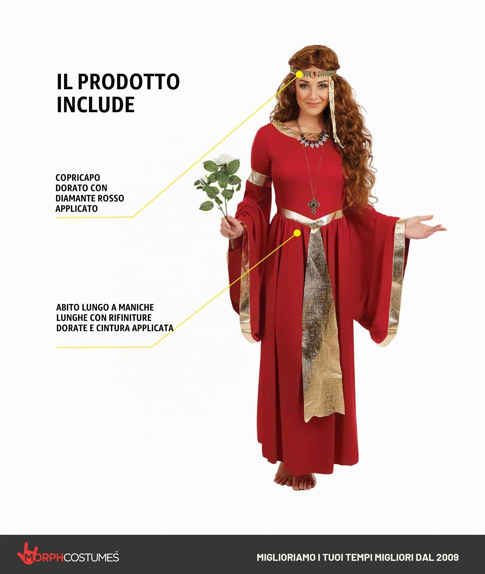 Fun Shack Costume Regina Medievale Donna, Costume Halloween Donna | Abito Rosso con Rifiniture Dorate, Cintura & Cerchietto, Stile Regale, Perfetto per Halloween, Ideale per Travestirsi