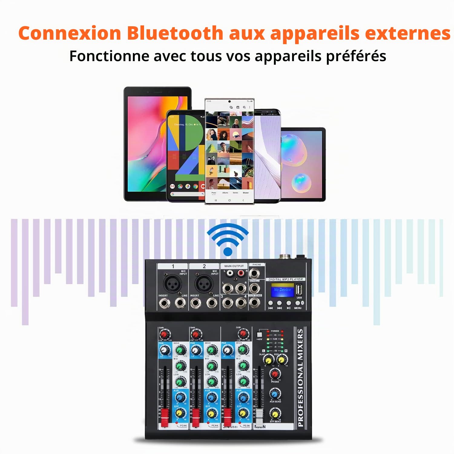 Depusheng HT4 Console DJ portable professionnelle numérique Bluetooth avec interface audio USB 4 canaux pour mixage en studio, noir