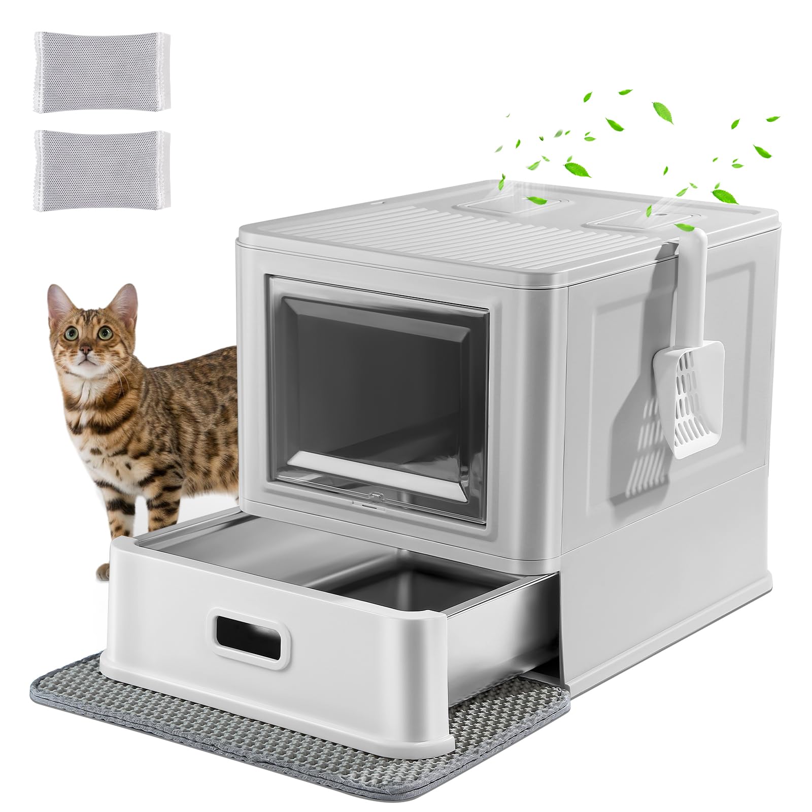 Marchul Enclosed Stainless Steel Cat Litter Box with Lid & Drawer Design, XL Extra Large for Indoor Cats, Metal Covered Cat Litter Box, Baffles for Anti-Leakag, with Litter Scoop & Litter Mat