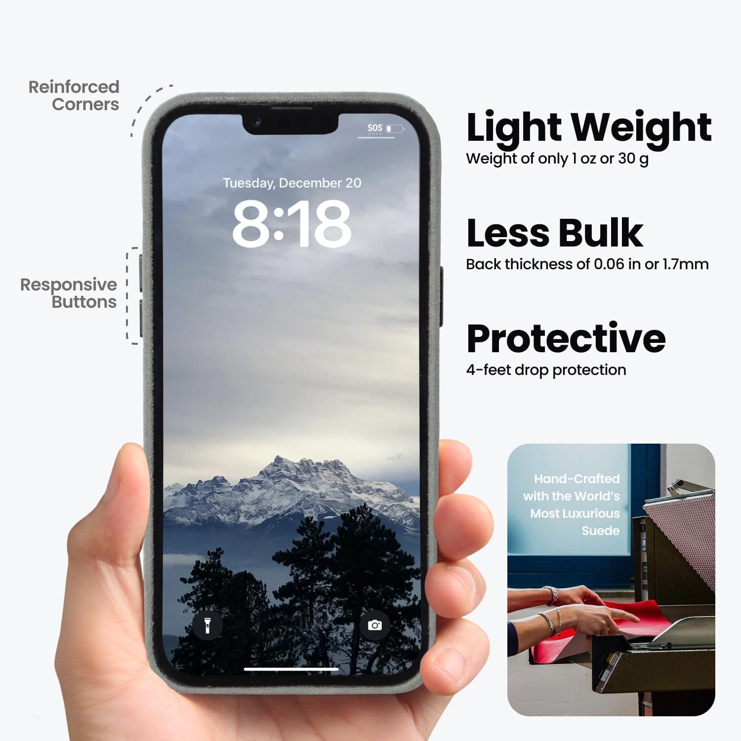 for Alcantara Full-Wrap Phone Case for iPhone 15 Series, Compatible with Mag-Safe Wireless Charging, Handmade Full-Wrap Italian Synthetic Suede Cover (for iPhone 15 Pro, Gray)