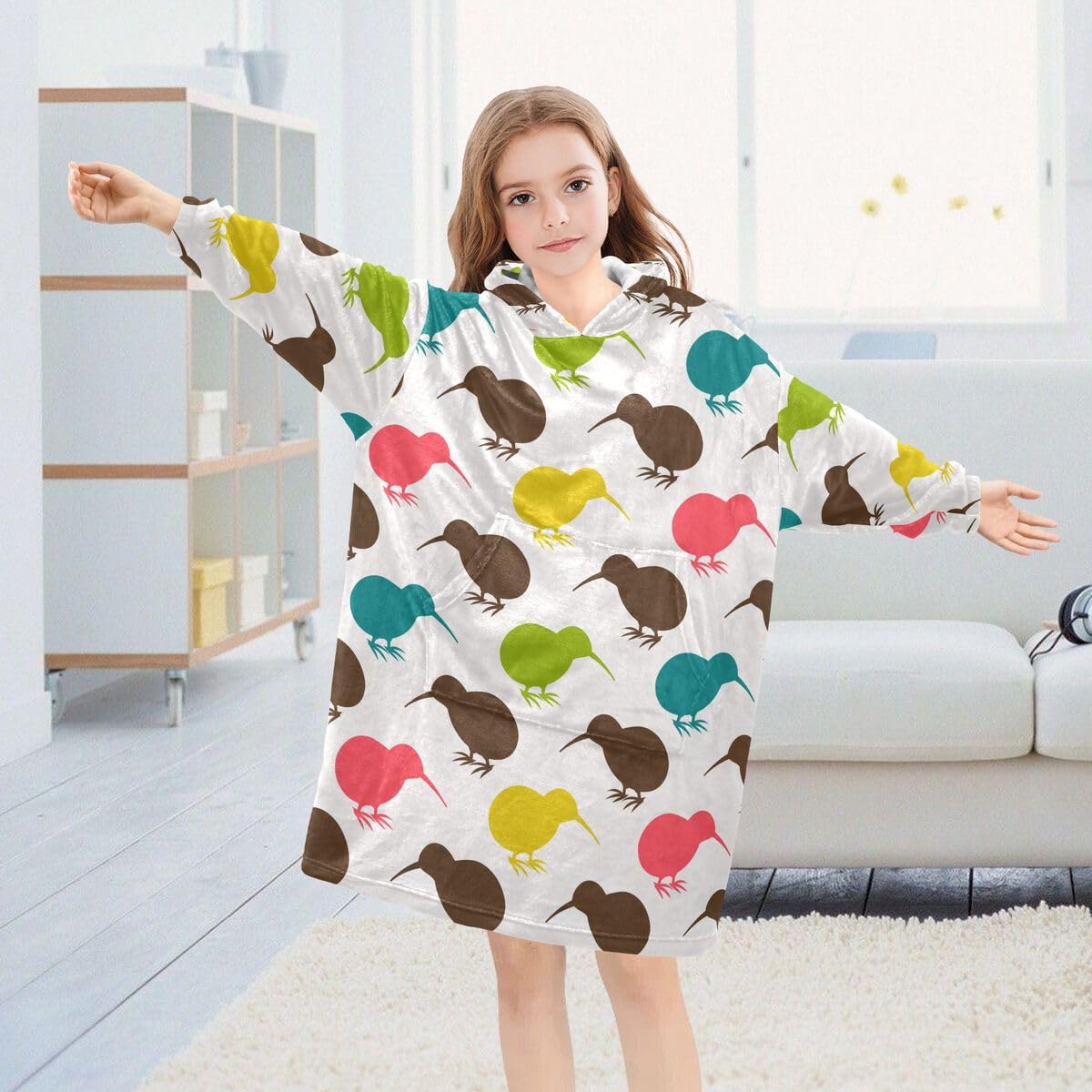 Ptaki kiwi kolorowy dziecięcy koc do noszenia bluza z kapturem oversize bluza koc sweter uroczy dla chłopców i dziewcząt w wieku 3-14 lat