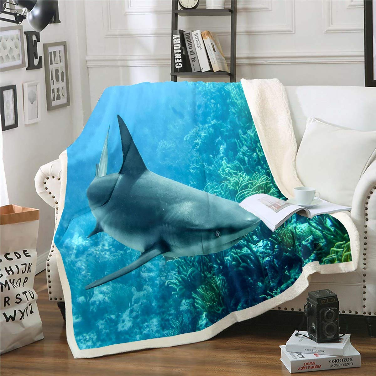 Loussiesd Boys Multi 4 Shark Sherpa Blanket 3D Shark Printed Fleece Throw Blanket For Kids Teens Sea Creature Marine Life Plush Blanket Underwater Animal Fuzzy Blanket For Sofa Bed Couch Double 60X79 Inch