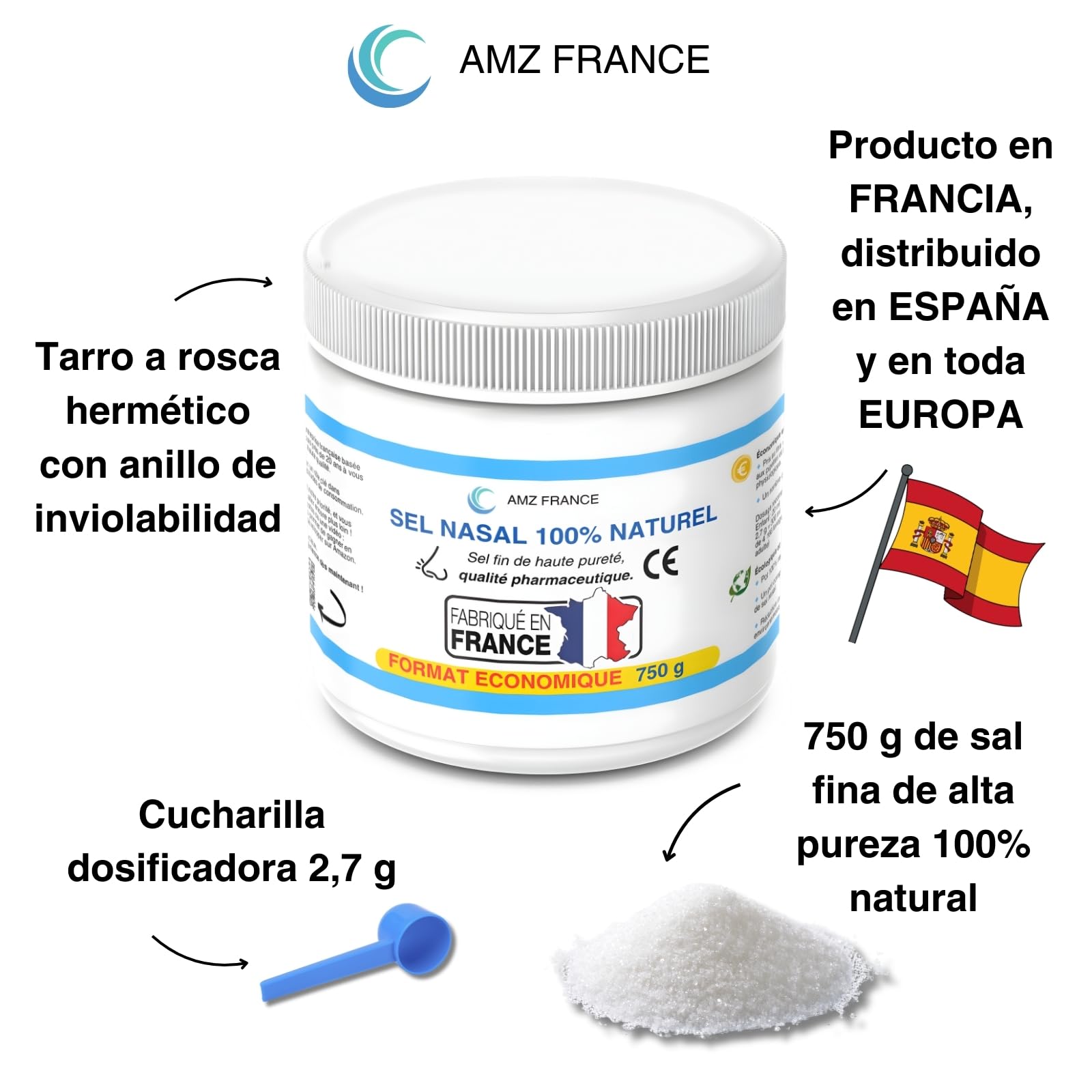 Sal Nasal 750 g, 100% Natural, Calidad Farmacéutica, Fabricado en FRANCIA | 277 Lavados Nasales (Caja XXL) - Niño Adulto - Producto de Bienestar