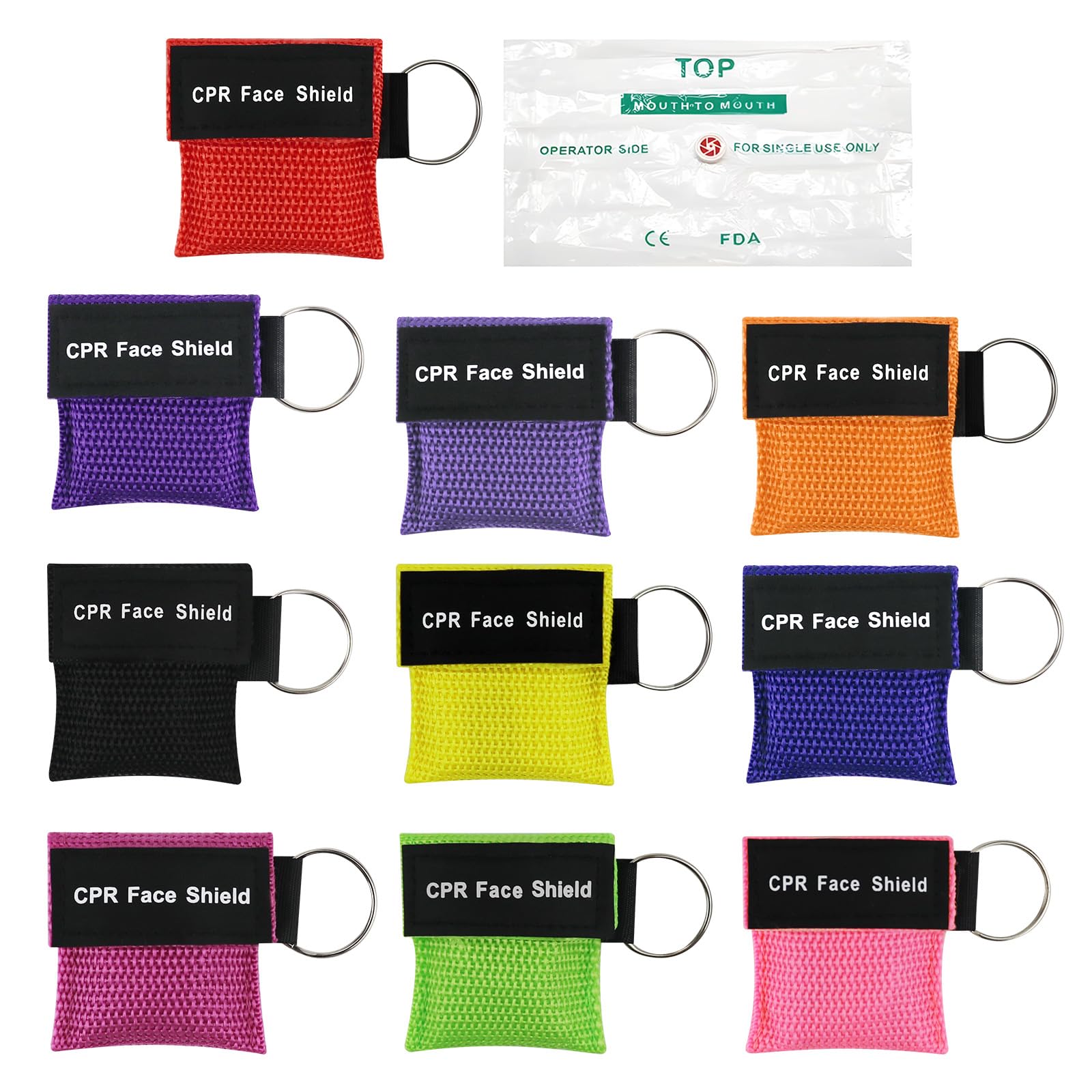 10 Pcs CPR Face Shield Mask, Portable CPR Mask Keychain Ring, with One-Way Valve Breathing Barrier, Emergency Kit Face Shield for First Aid or AED Training