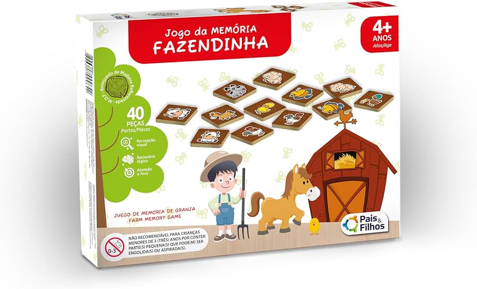 Pais & Filhos | Jogo da Memória Fazendinha em Madeira | 40 Peças | Brinquedo Educativo | Desenvolvimento Cognitivo, Memória e Concentração | Presente para Crianças +4 anos