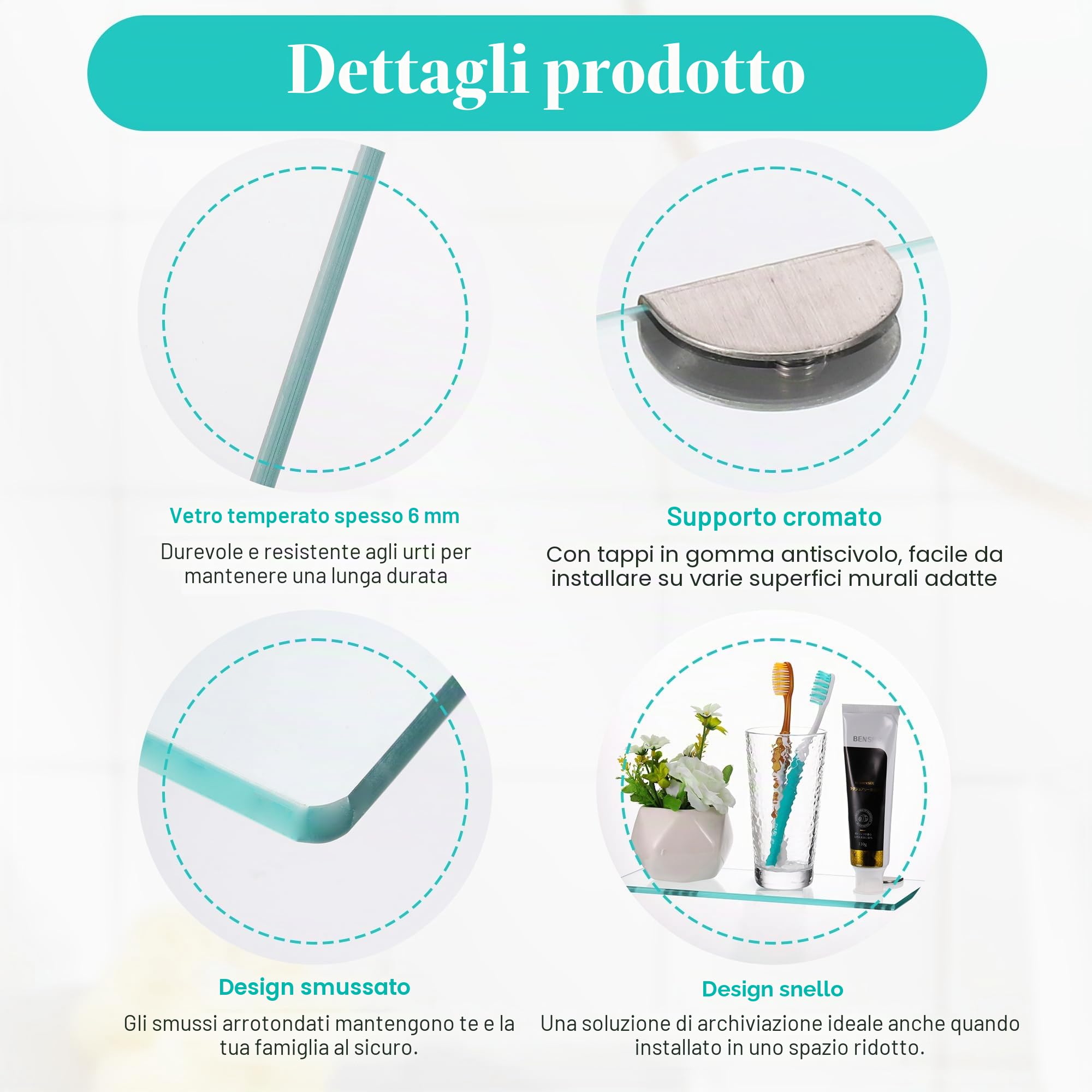 JIZZU Mensola Doccia 2 Pezzi Vetro Temperato 30 cm 6 mm 5 kg Bagno