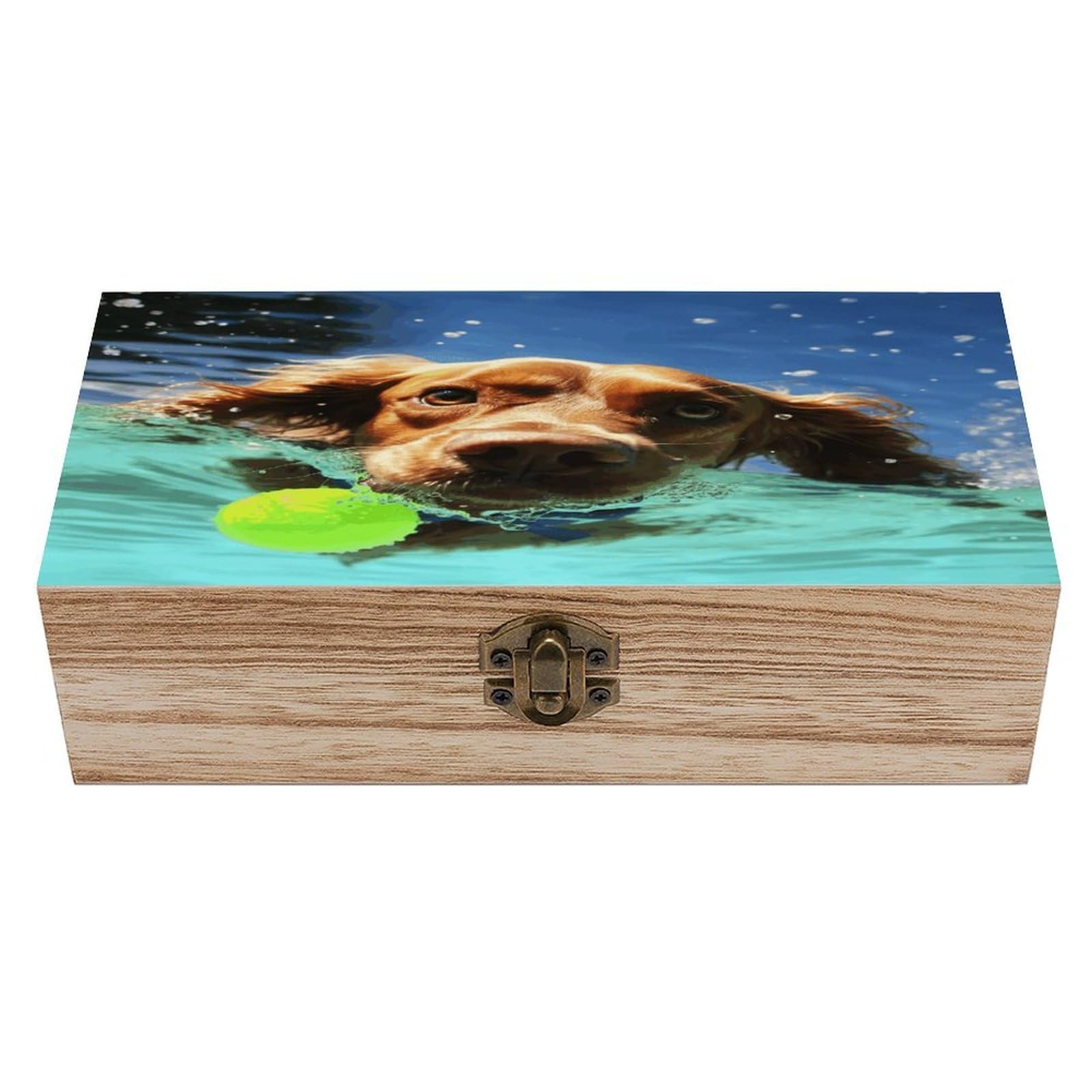 asbwuo Funny Swimming Dog Wood Keepsake Box Wooden Box with Hinged Lid