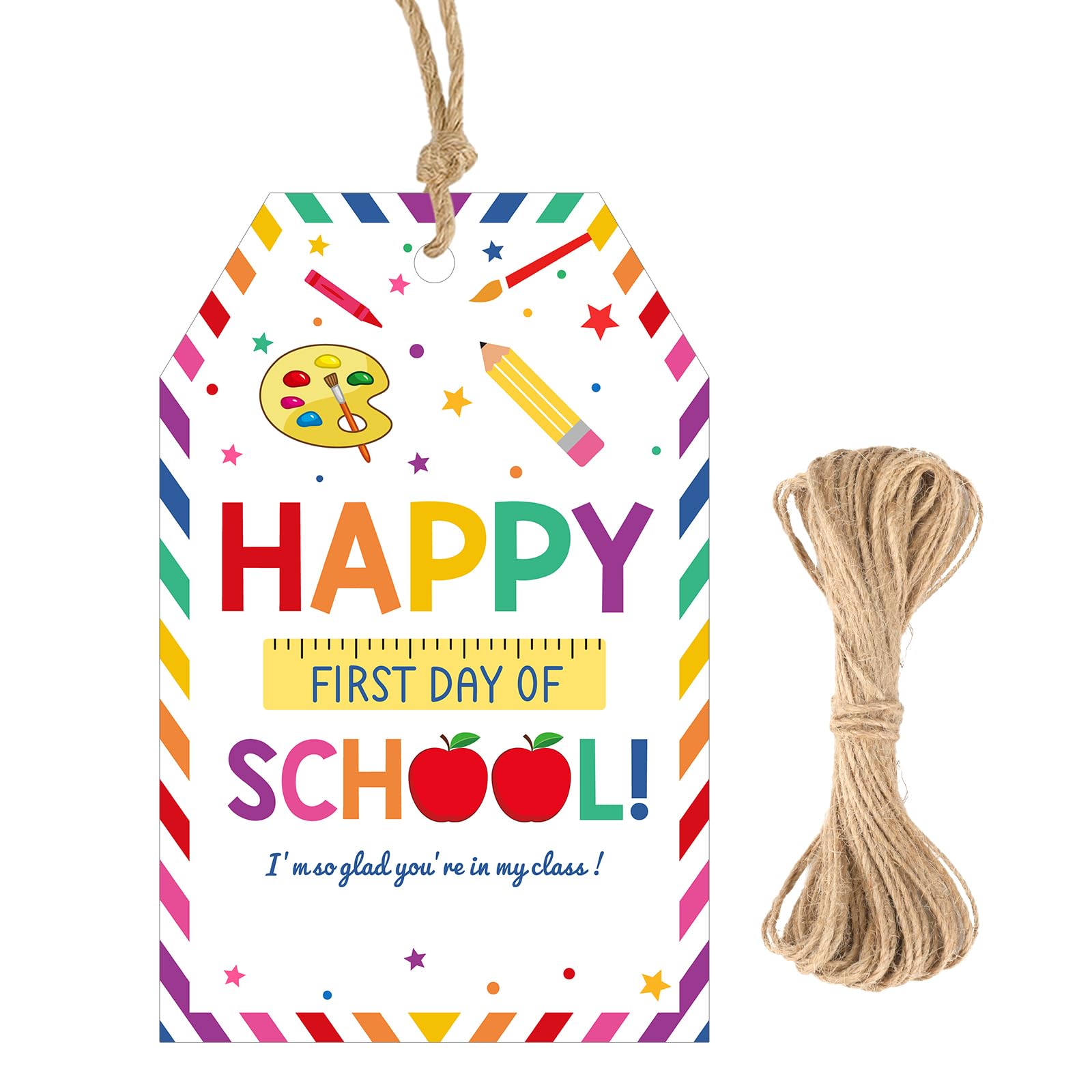 G2PLUS Happy First Day of Schools Tags, Back to School Gift Tags, 50PCS Colors Star Apple First Day of School Paper Gift Tag with String for Schools