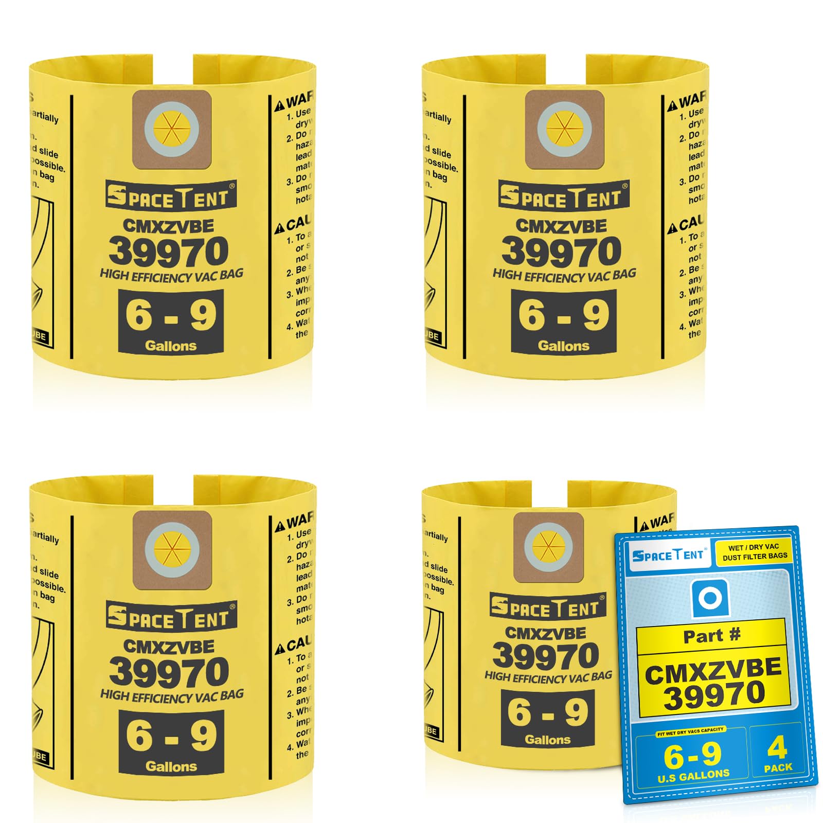 SpaceTent 4 Pack CMXZVBE39970 Shop Vac bags for CRAFTSMAN 6 and 9 Gallon Wet/Dry Vacs, Part# 39970 CMXZVBE39970, Fine Dust Bag