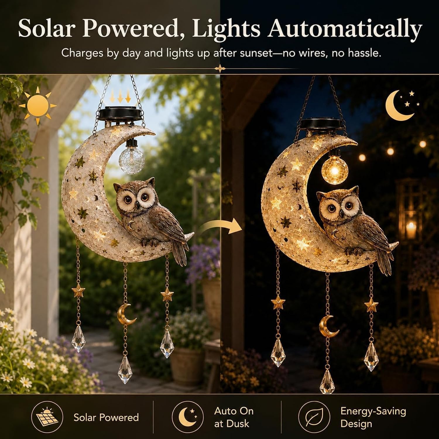 Gufo luna crescente luci solari lanterna appendere giardino esterno