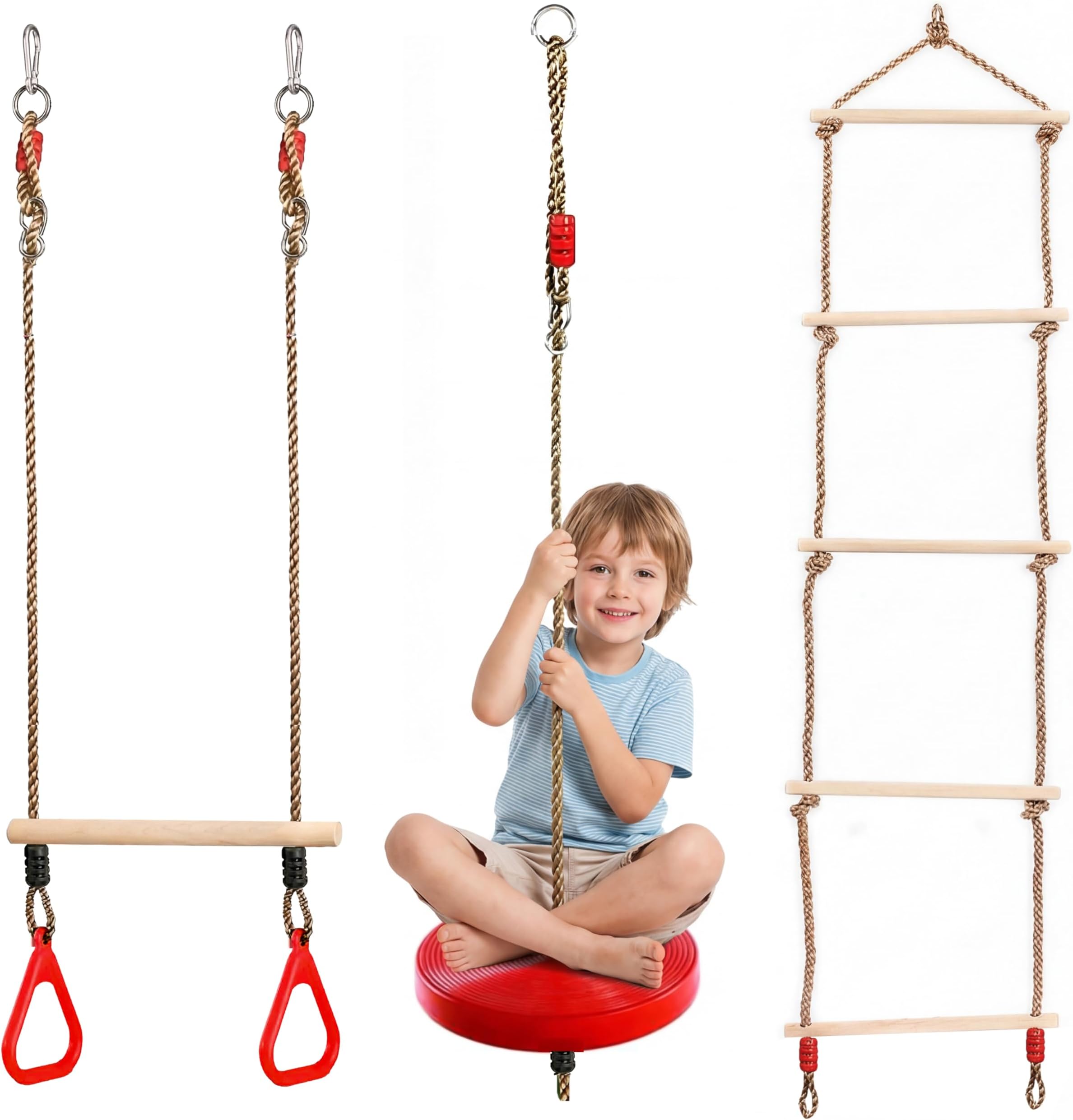 Trapeze Bar, Rope Ladder & Round Button Swing Seat with Adjustable Ropes - 3-in-1 Weather Resistant Garden Climbing Frame Accessories & Outdoor Play Equipment for Kids, Ages 3+