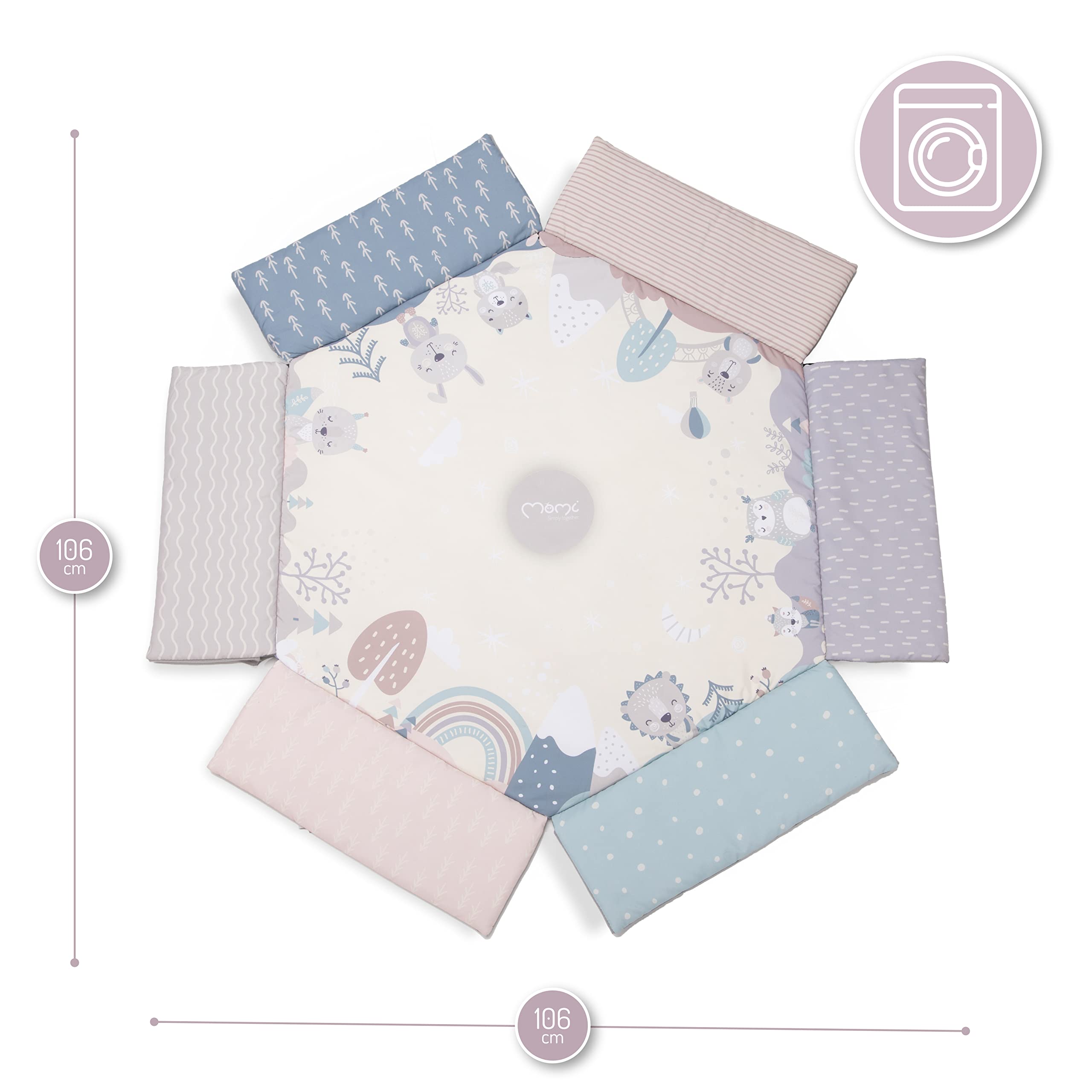 MoMi PASTEL łuk do zabawy z matą do raczkowania 3 w 1 dla dzieci od urodzenia, mata do aktywności sensorycznej z 2 arkuszami, kąpiel z piłkami, 5 zabawek, 30 piłek z torbą, poduszka do raczkowania