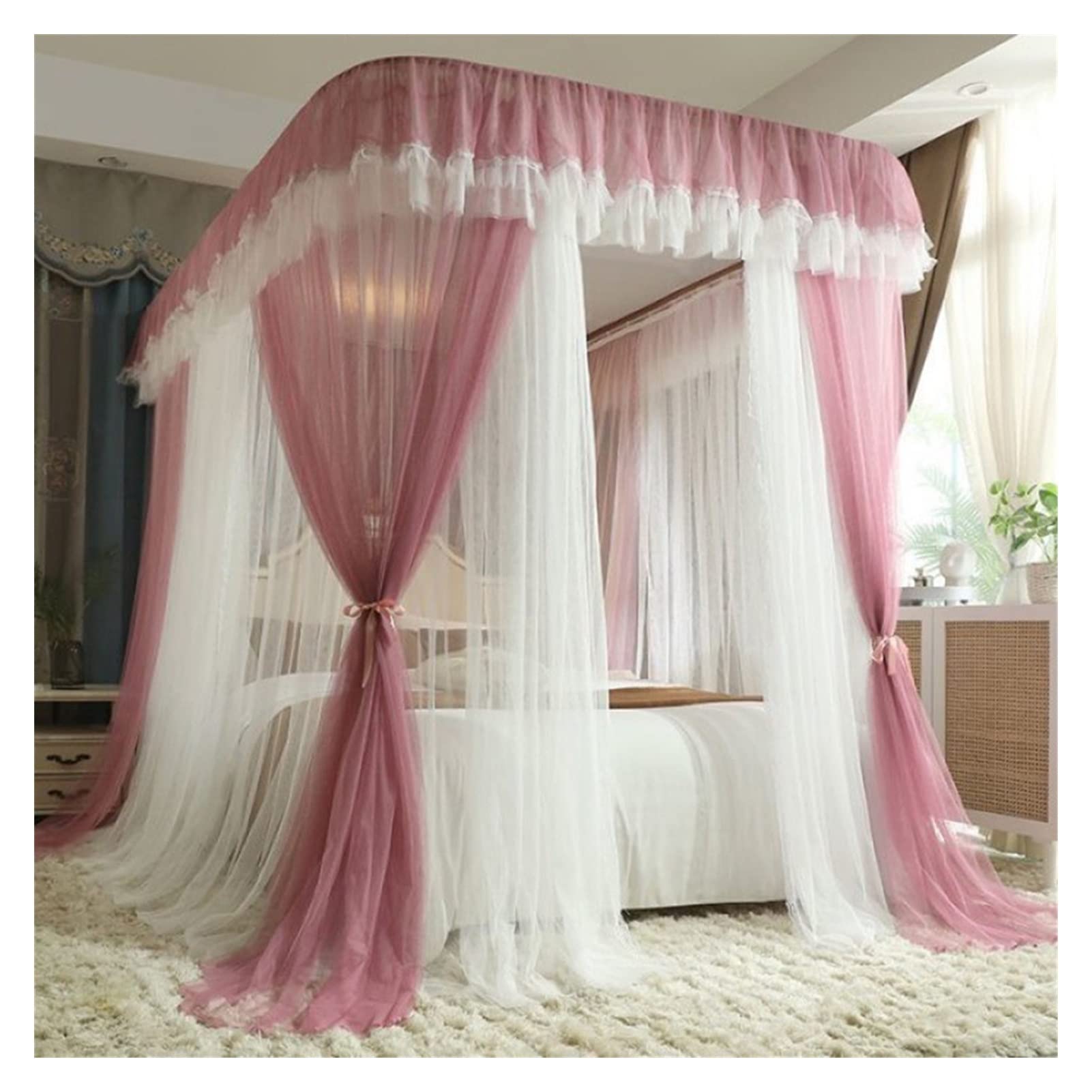 Tienda de campaña para cama con mosquitera rosa que elimina picaduras y luz en formato 200x220
