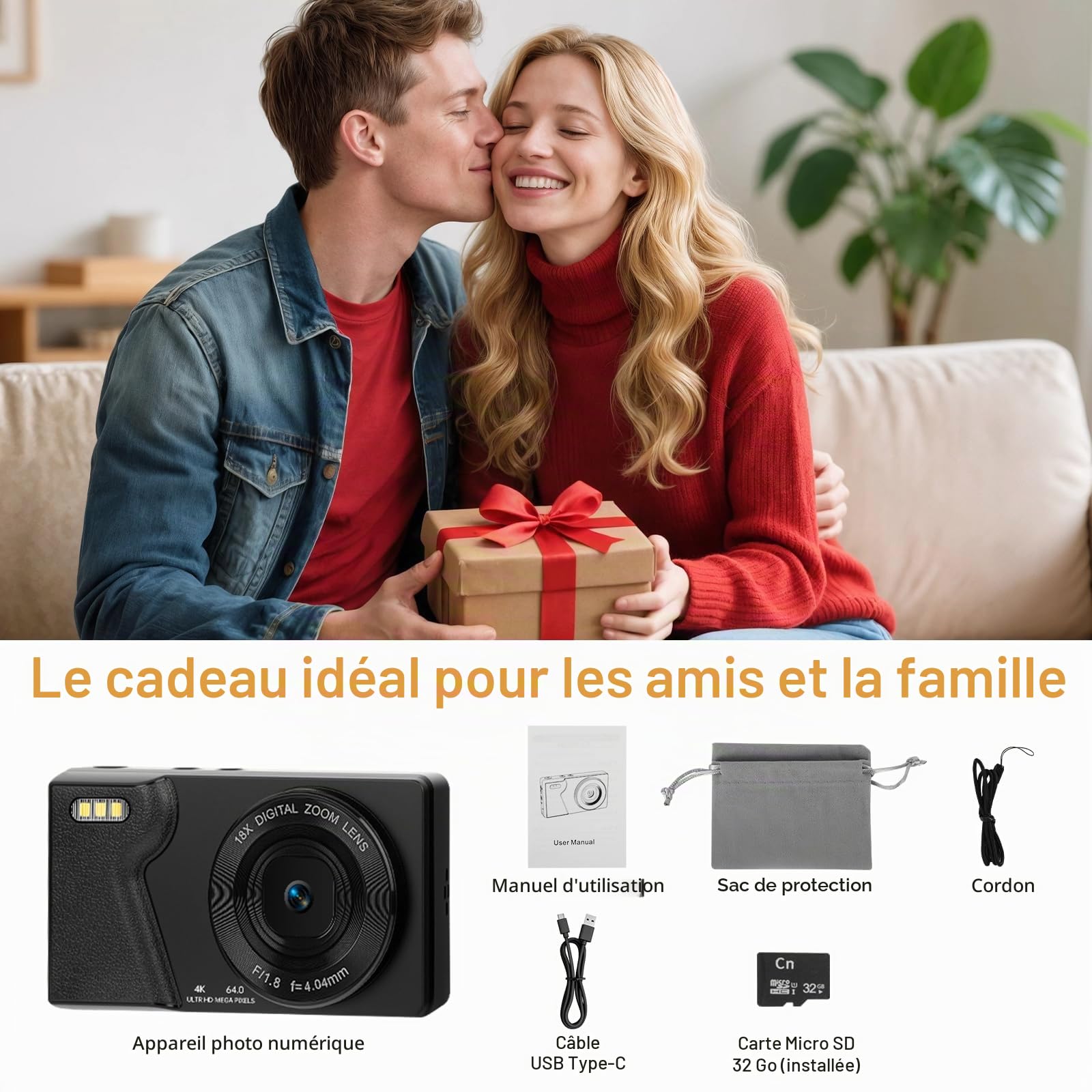 Appareil Photo Numérique 4K 64MP avec Double Caméra Avant et Arrière, Appareil Photo Compact Portable, Zoom Numérique 18X, Écran 2,8 Pouces, Carte 32G pour Enfants, Adolescents (Noir)