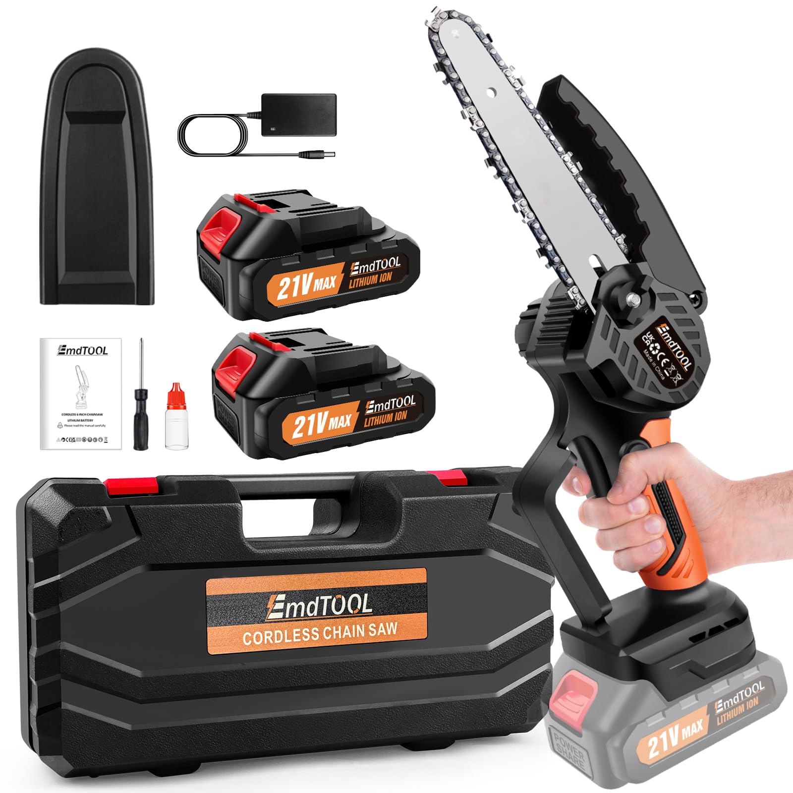 Small Chainsaw Cordless 6 Inch, Powerful Handheld Mini Battery Chainsaw with Chain, Security Lock, 2X 1500Ah Battery and Charger, 700W Electric Chain Saws to Cut Wood and Trees, for Garden, Orange
