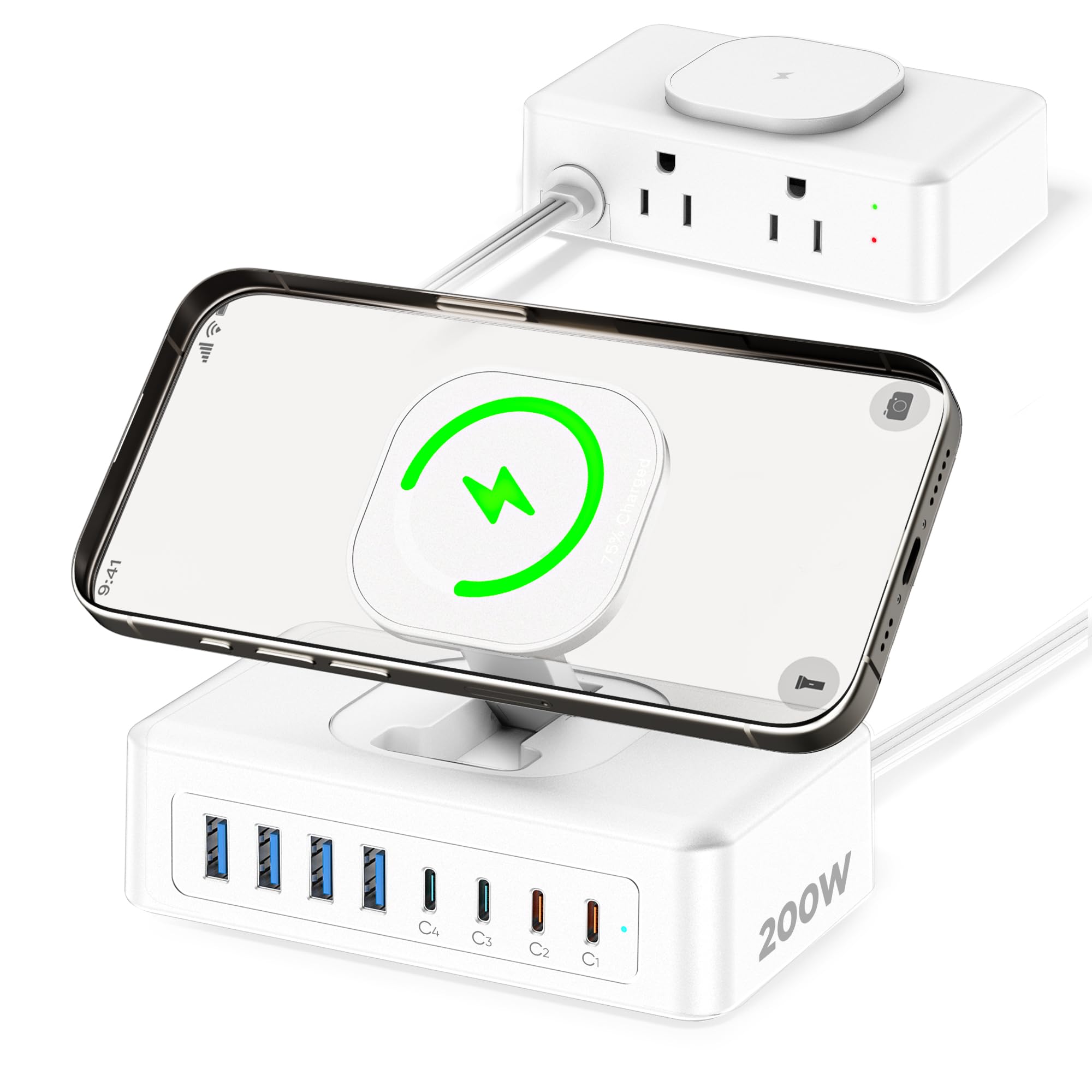200W USB Ladestation, 11 in 1 USB C Überspannungsschutz, Steckdosenleiste, 2 AC-Ausgänge und 8 USB-Anschlüsse, 5 Fuß Flachstecker-Verlängerungskabel mit mehreren