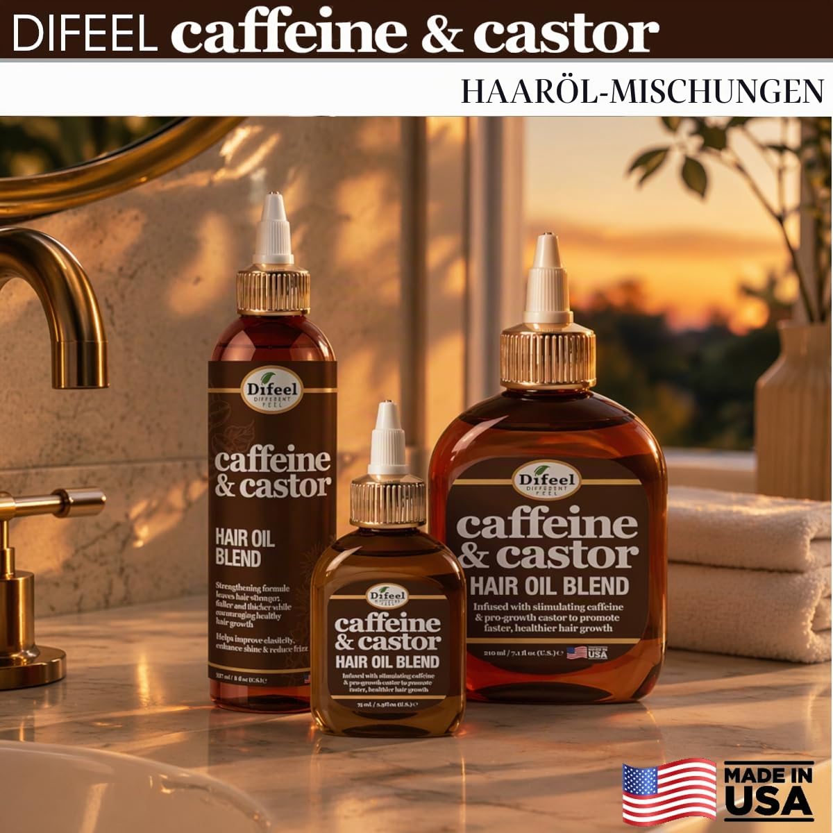 Difeel 99% natürliches Premium-Haaröl – Koffein & Rizinus; schnellstes Haarwachstum; Haaröl 227 ml