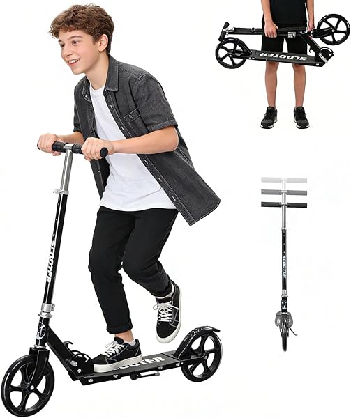 Scooter for Age 6+, Folding Kick Scooters for Kids 8-12,Teens, Adults up to 250Lbs,3 Adjustable Heights, Rear Brake, Wide Antislip Deck, Lightweight Scooter for Boys Girls