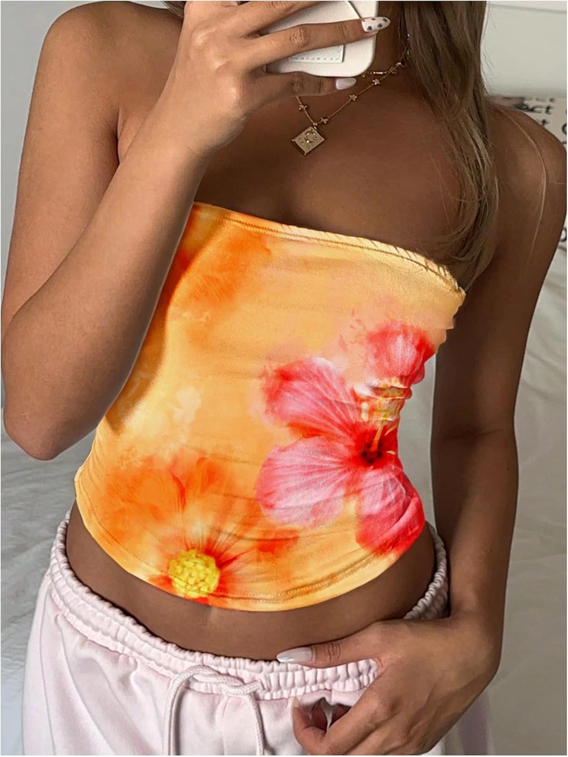 Floerns Women's Sleeveless Bandeau Floral Print Strapless Summer Cropped Going Out Tube Top - Image 5