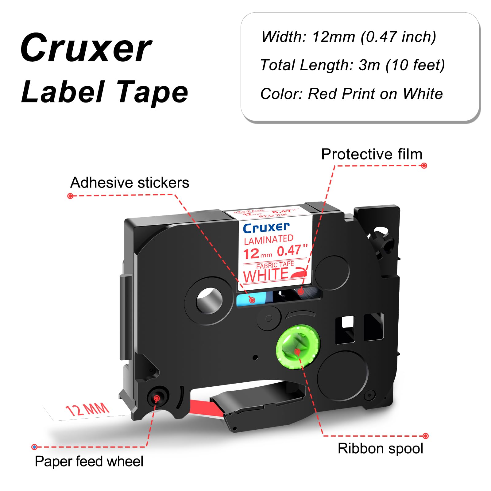 Cruxer 12er-Packung Kompatibel für Brother P-touch TZe-FA3R Textil-Aufbügel Kleidung Laminierte Bänder，Roter auf Weiß 0,47'' 12mm x 3m Schriftband Ersatz für Brother PT-H110 PT-D410 PT-E110VP