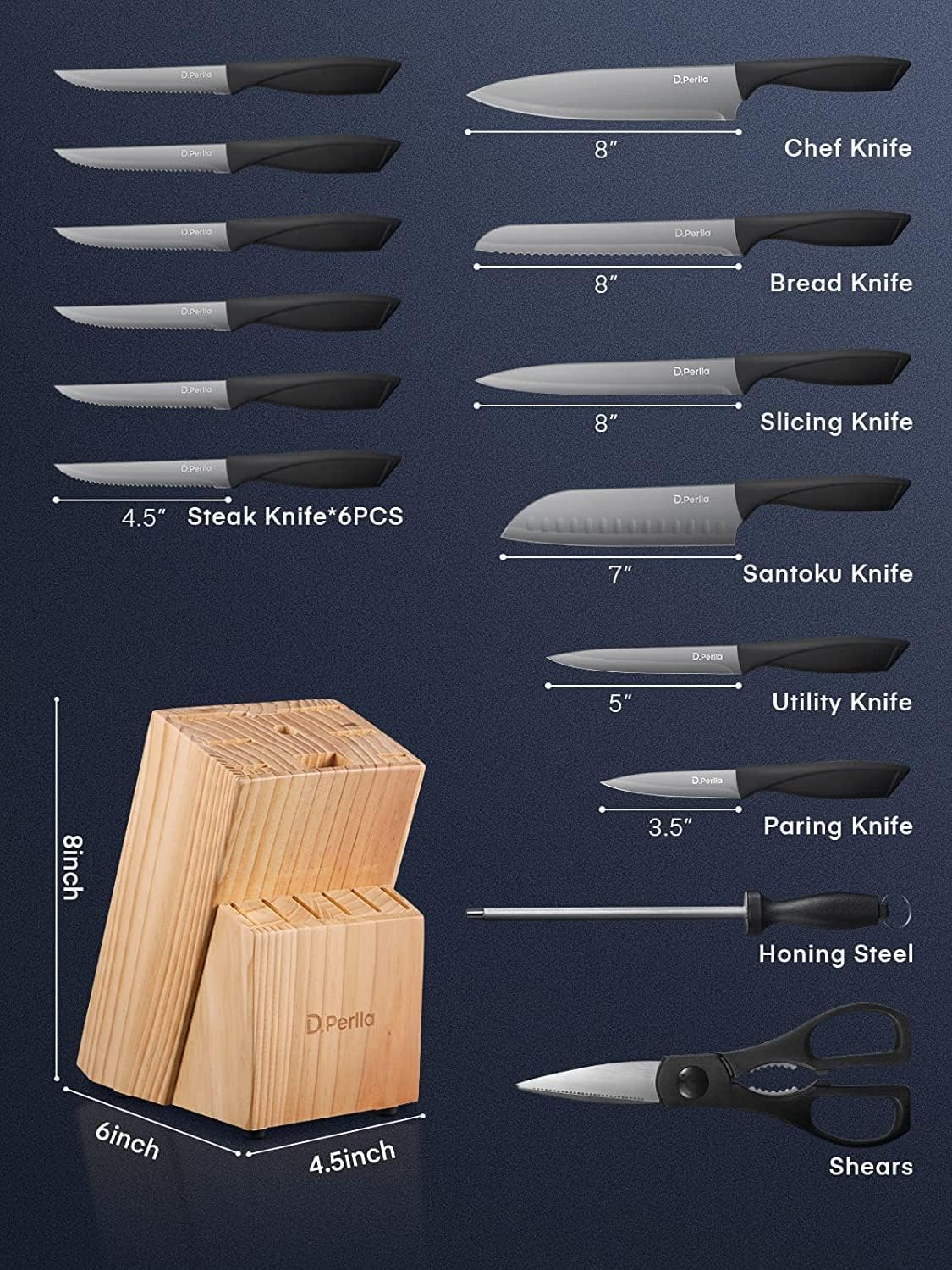 D.Perlla Knife Set with Block, 15 Pieces Kitchen Knife Set, Non Stick Black Colour Coating Stainless Steel Blade, No Rust, Sharp Knife Block Set