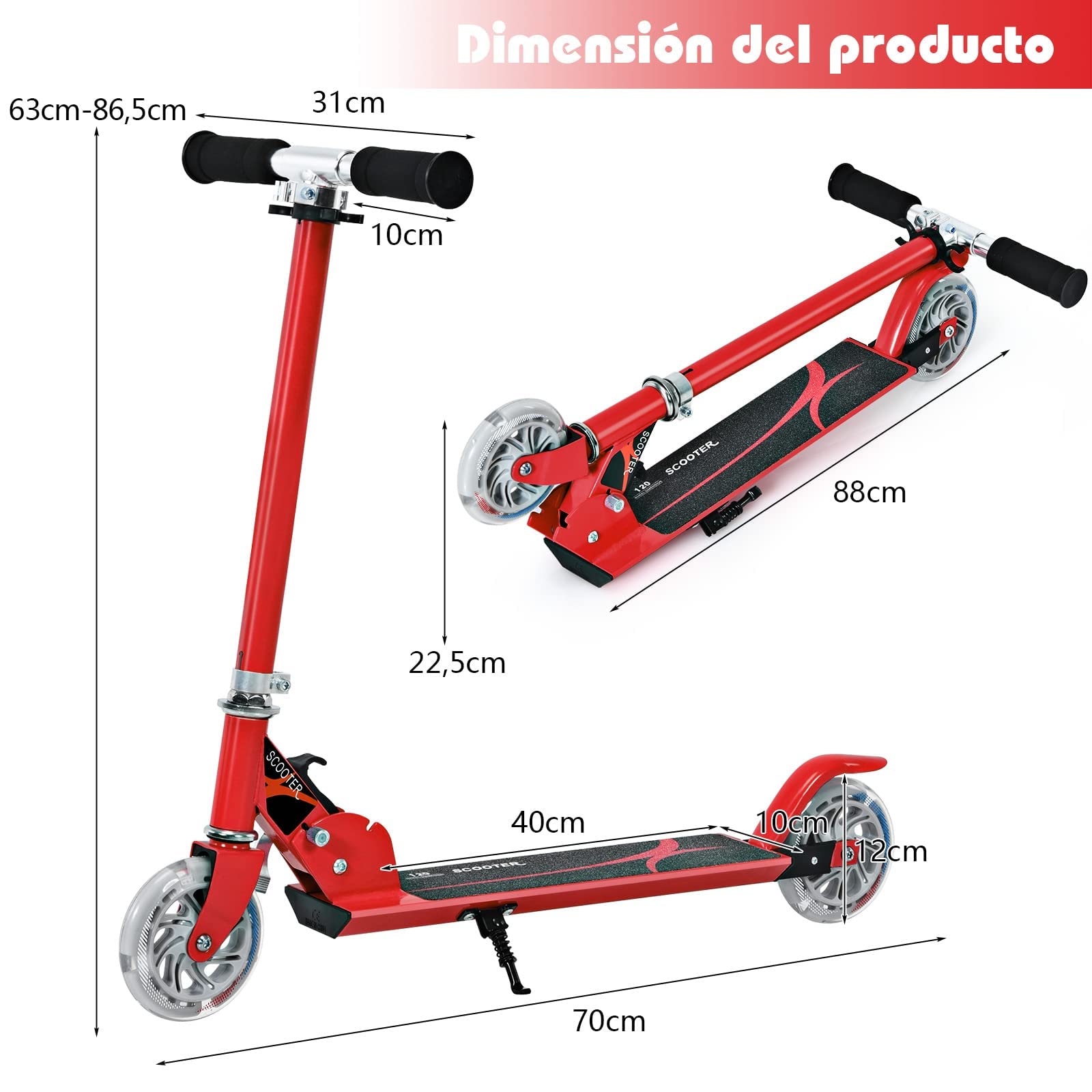 COSTWAY Patinete Niño,4 a 13 años, Scooter Roller con 2 Led Ruedas, Altura Ajustable, Patinete Plegable hasta 70kg