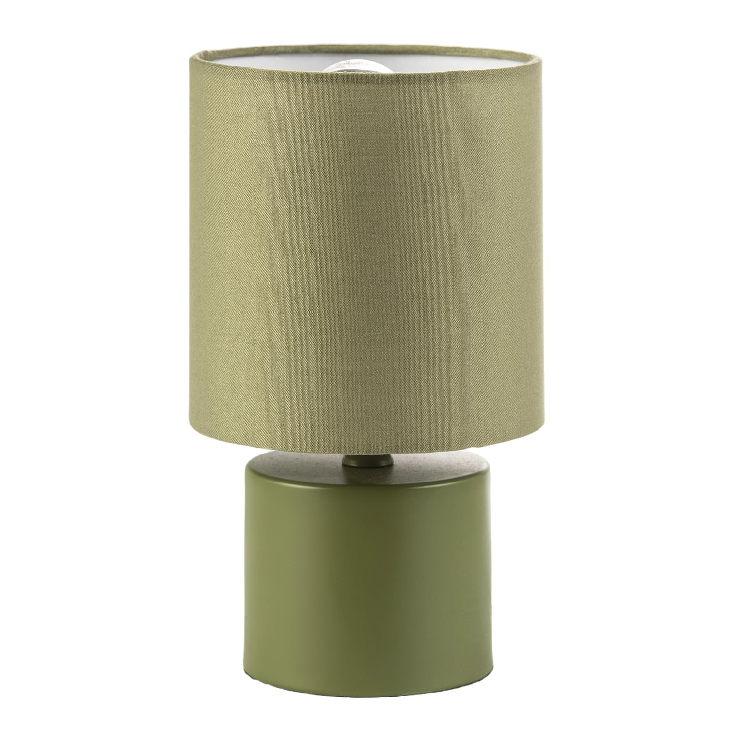 Happy Homewares Green Modern Dusty Olive Bedside Table Lamp With Cotton Fabric Drum Shade | 23Cm X 13M | 1 X 7W | Inline Cable Switch Button