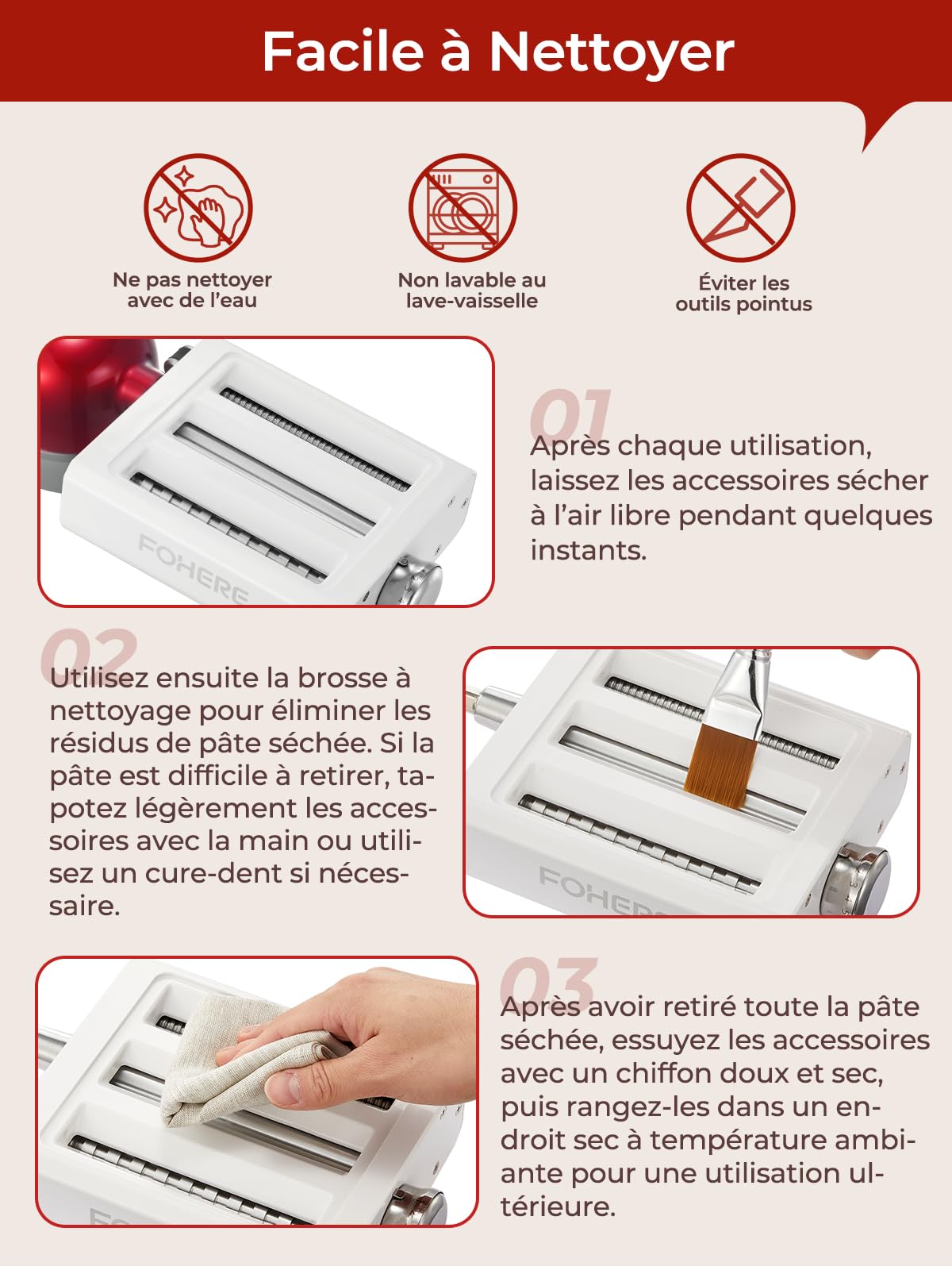 FOHERE 3-en-1 Accessoires pour Machine à Pâtes pour KitchenAid Robot Pâtissier, Comprend Rouleau à Pâtes, Coupe-Fettuccines, Coupe-Spaghettis et Brosse à Nettoyage (7 épaisseurs Réglables)
