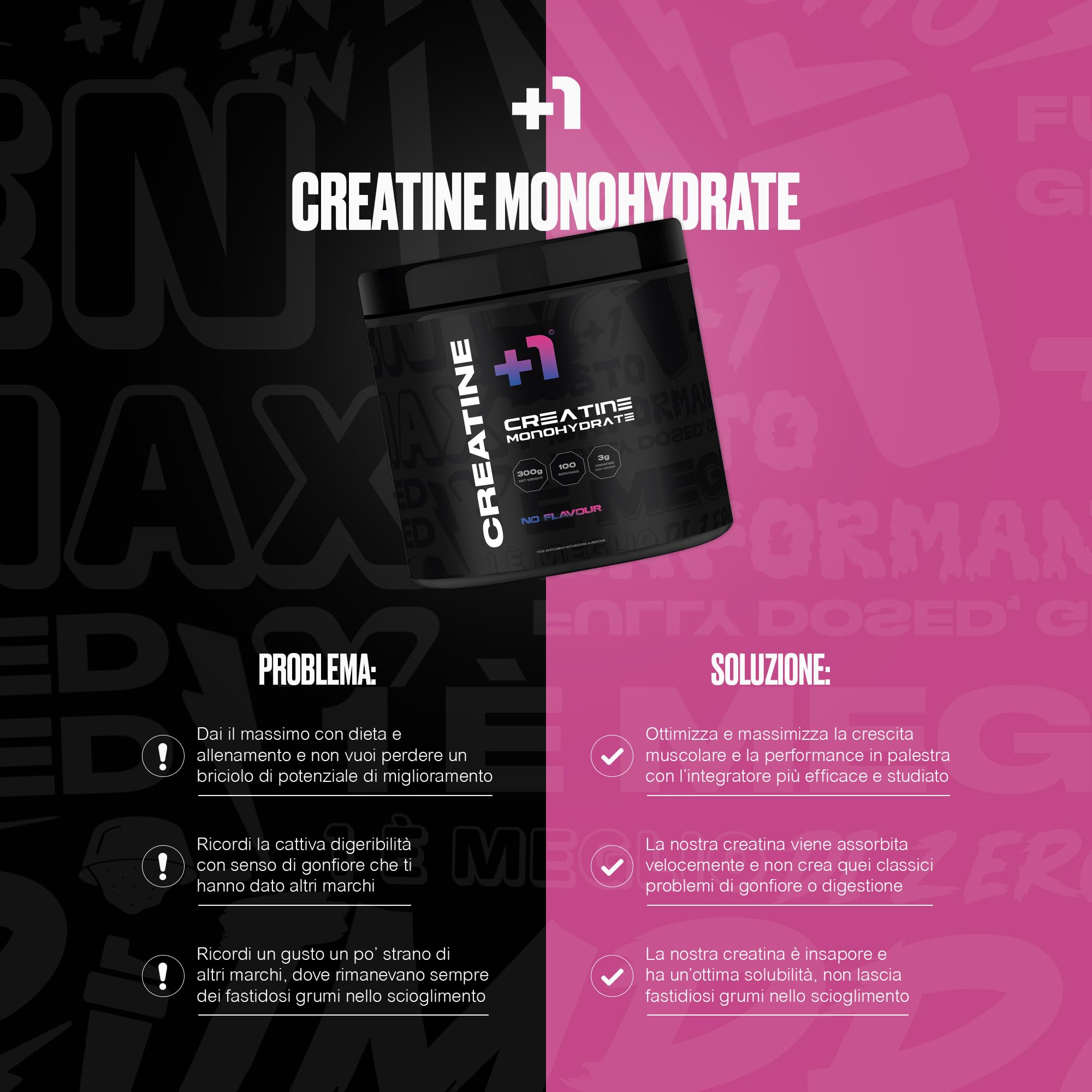+1® Creatina Monoidrato in Polvere Premium - Crescita Muscolare, Forza e Resistenza - Riduce Fatica - Recupero Muscolare - 200 Mesh Pura al 99,5% - 300 g, 100 Porzioni - Neutro