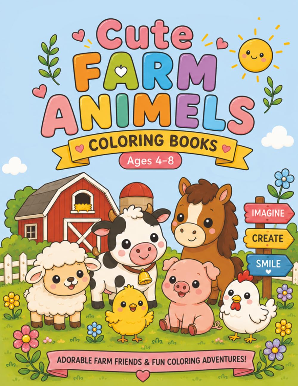 Cute Farm Animals Coloring Book: Easy and Fun Coloring Pages for Kids Ages 4-6: Cute Cow, Sheep, Bunny, Duck and More Easy Coloring Pages for Kids Ages 4-6