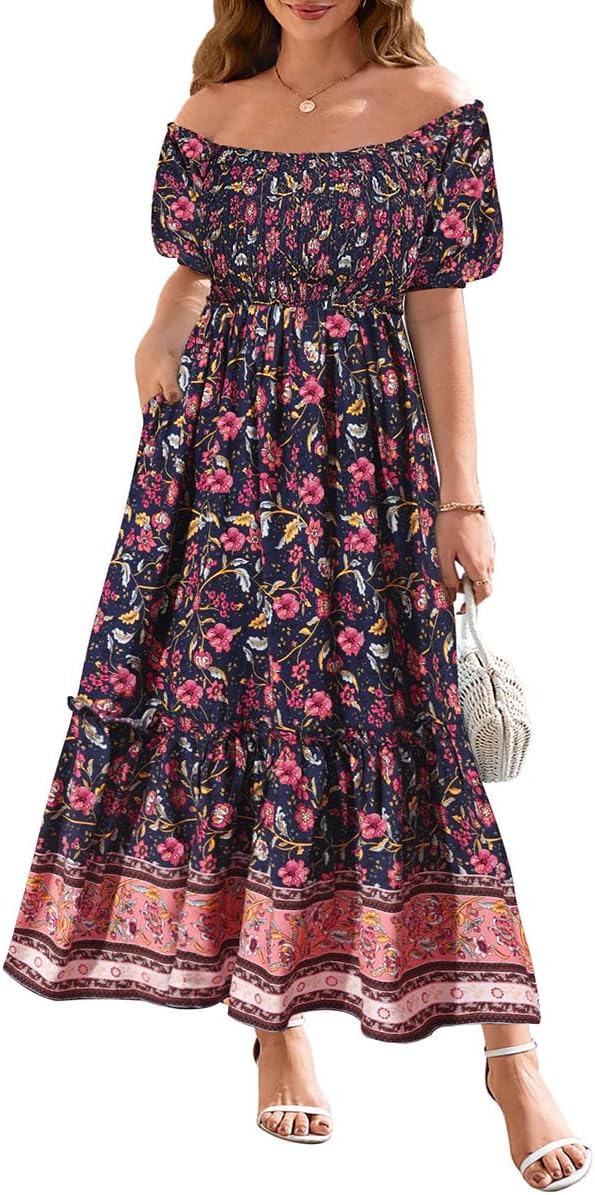 CARCOS Plus Size Dresses for Curvy Women Off Shoulder Square Neck Puff Sleeve Smocked Maxi Summer Dresses with Pocket XL-5XL - Image 2