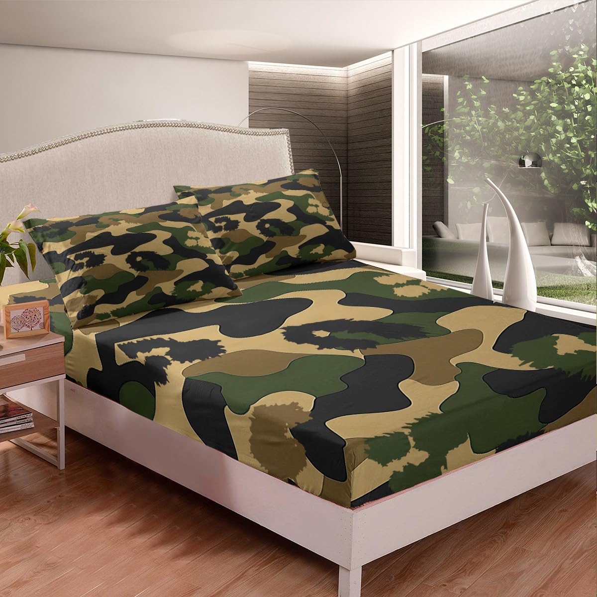 jejeloiu Camouflage Sheets with Deep Pocket Fitted for Girls Boys Kids Twin Size Camo Pattern Bed Cover Room Military Amry Decor Sheet Set Green Brown 3Pcs Soft Lightweight Microfiber