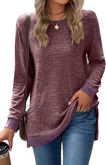 Womens Round Neck Color-Block Shirts Long-Sleeve Pullover Blouses Loose-Fit Casual Tops with Pockets