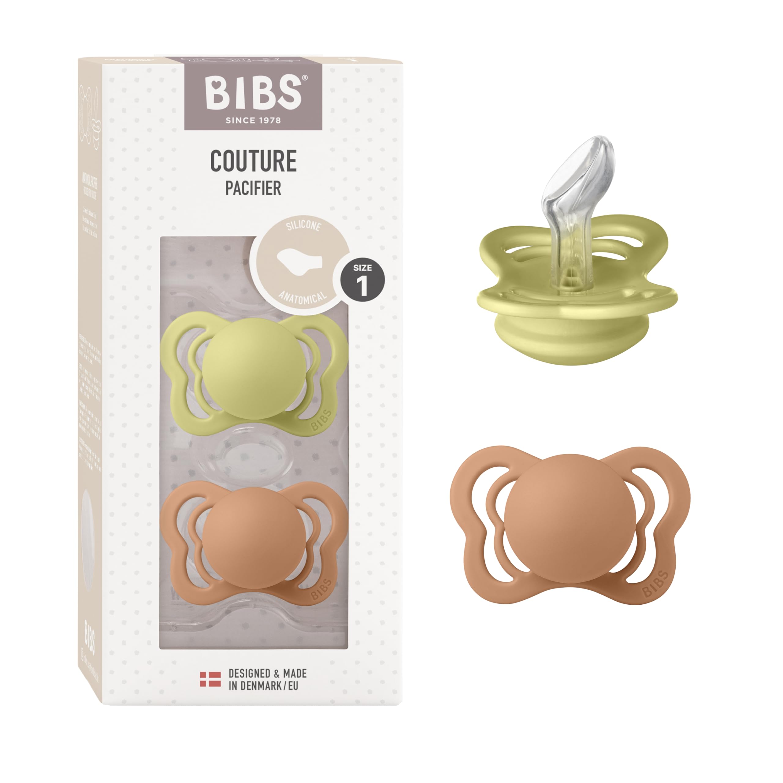 BIBS Couture Schnuller 2er-Pack, BPA-frei, Kiefergerechte Form. Silikon, Hergestellt in Dänemark. 0-6 Monate (2er Pack), Meadow/Earth