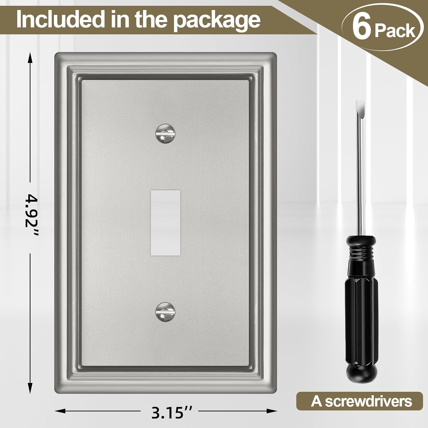 Brushed Nickel Decorative Light Switch Covers Plate, Metal Material 1 Gang Wall Plates for Light Switch, Single Toggle Switch Plate Cover - Classic Style, 6 Pack