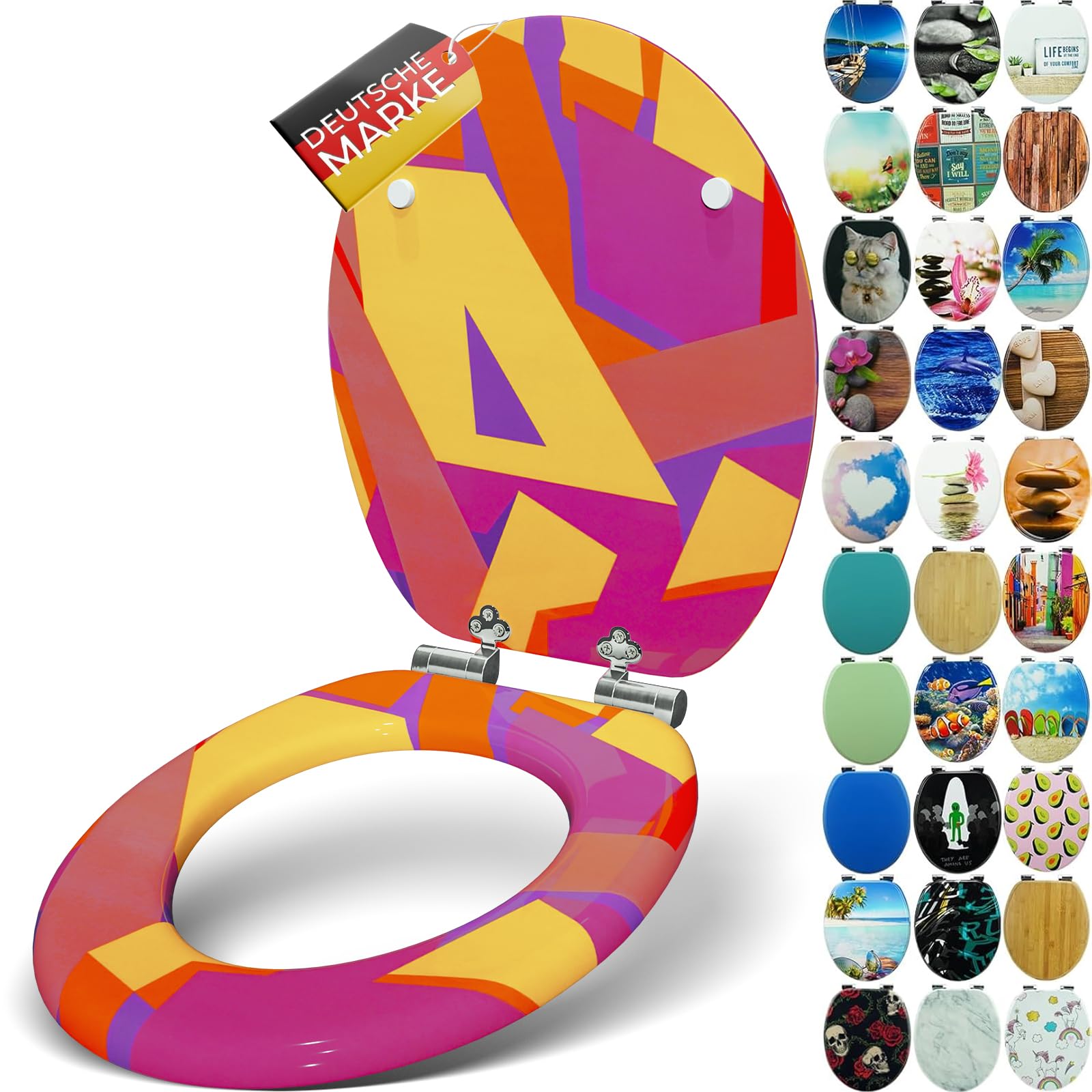 SANFINO® Premium WC Sitz mit Absenkautomatik – hochwertige Toilettendeckel aus Holz, viele bunte Motive, hoher Sitzkomfort, einfache Montage inklusive Montageanleitung – "Artsy"