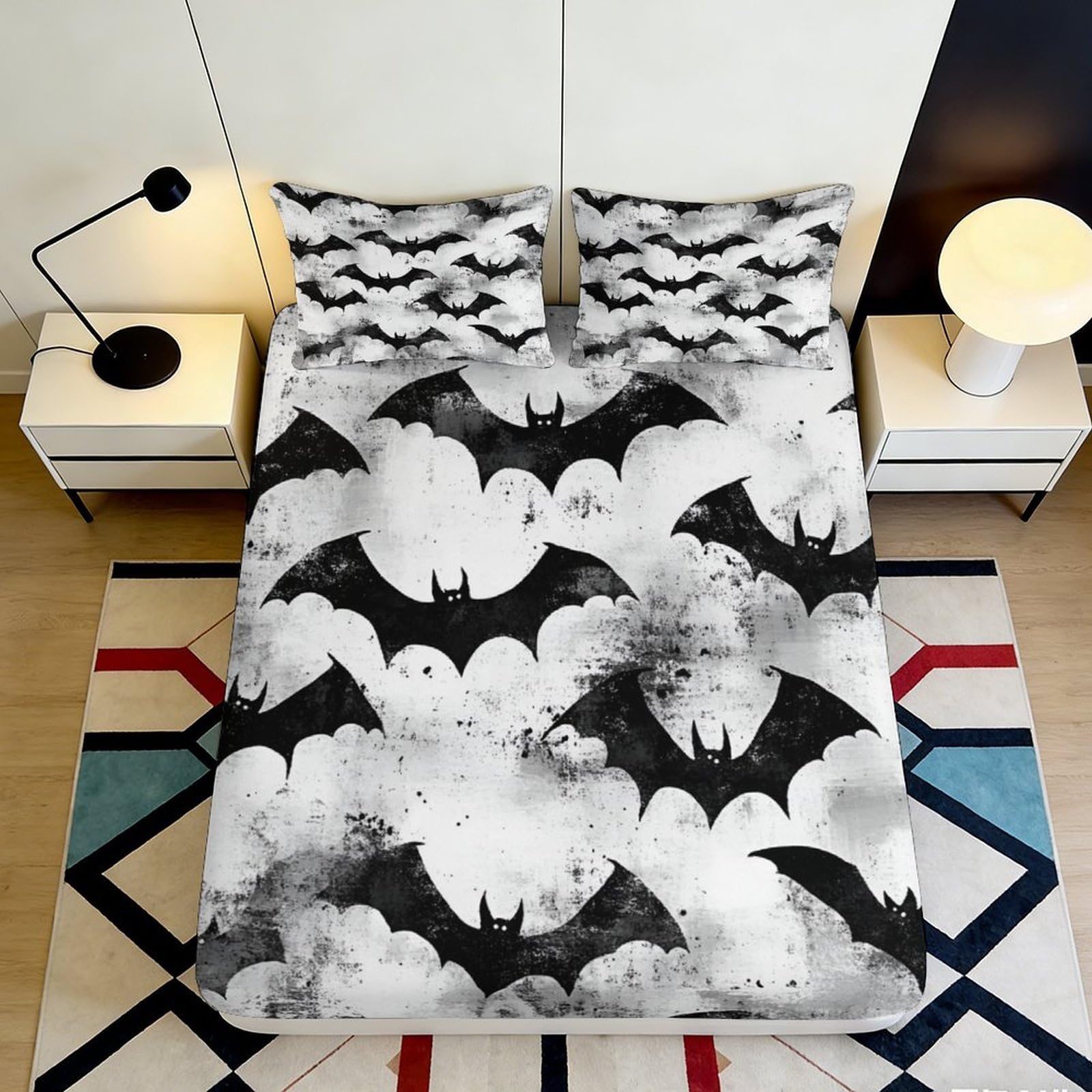 Jqzkxnhpbr Style-6 3D Printed Bat Cloud Fitted Sheet Microfiber Soft Black White Gothic Bed Cover Bedroom Dorm Protection Decor 90X200x25cm