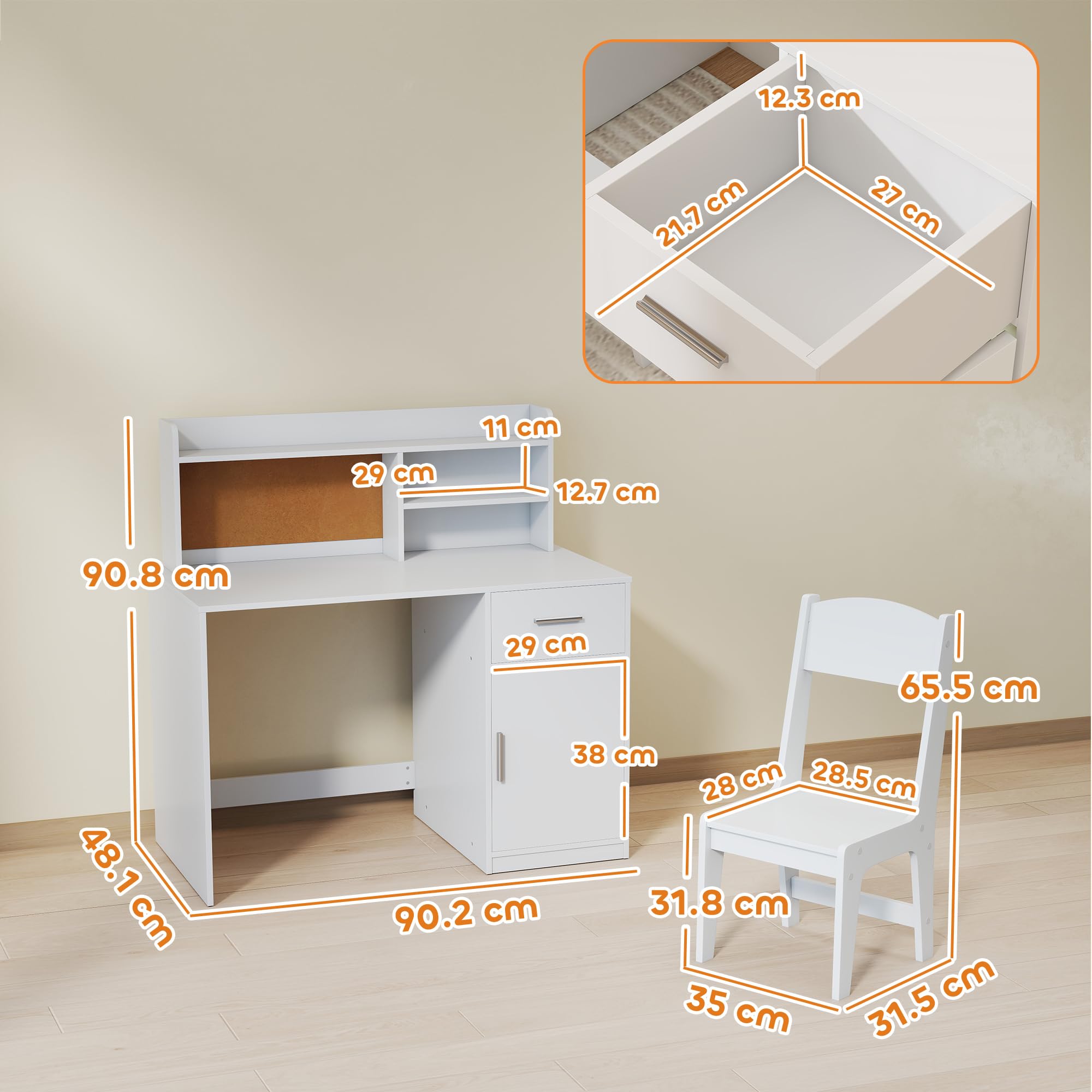 AIYAPLAY Set Scrivania e Sedia per Bambini con Ripiani, Armadietto, Cassetto e Bacheca, Set Tavolo e Sedia per Bambini 3-12 Anni, Banco Scuola per Ragazzi in Legno per Cameretta, Sala Studio, Bianco