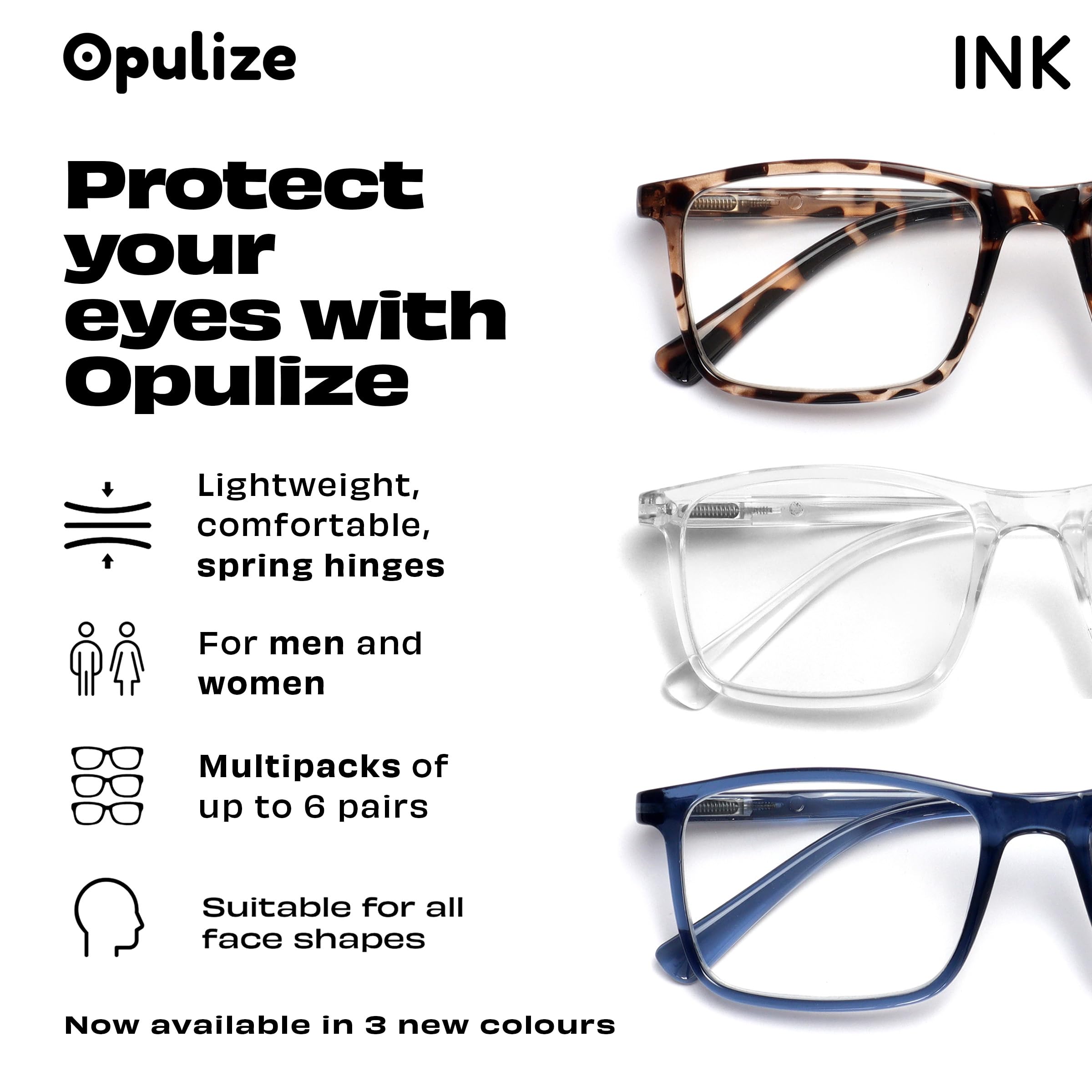 OPULIZE Ink Pack 2 Gafas De Lectura Grande Negro Gris Hombres Mujeres Bisagras Resorte RR4-17 +1,00