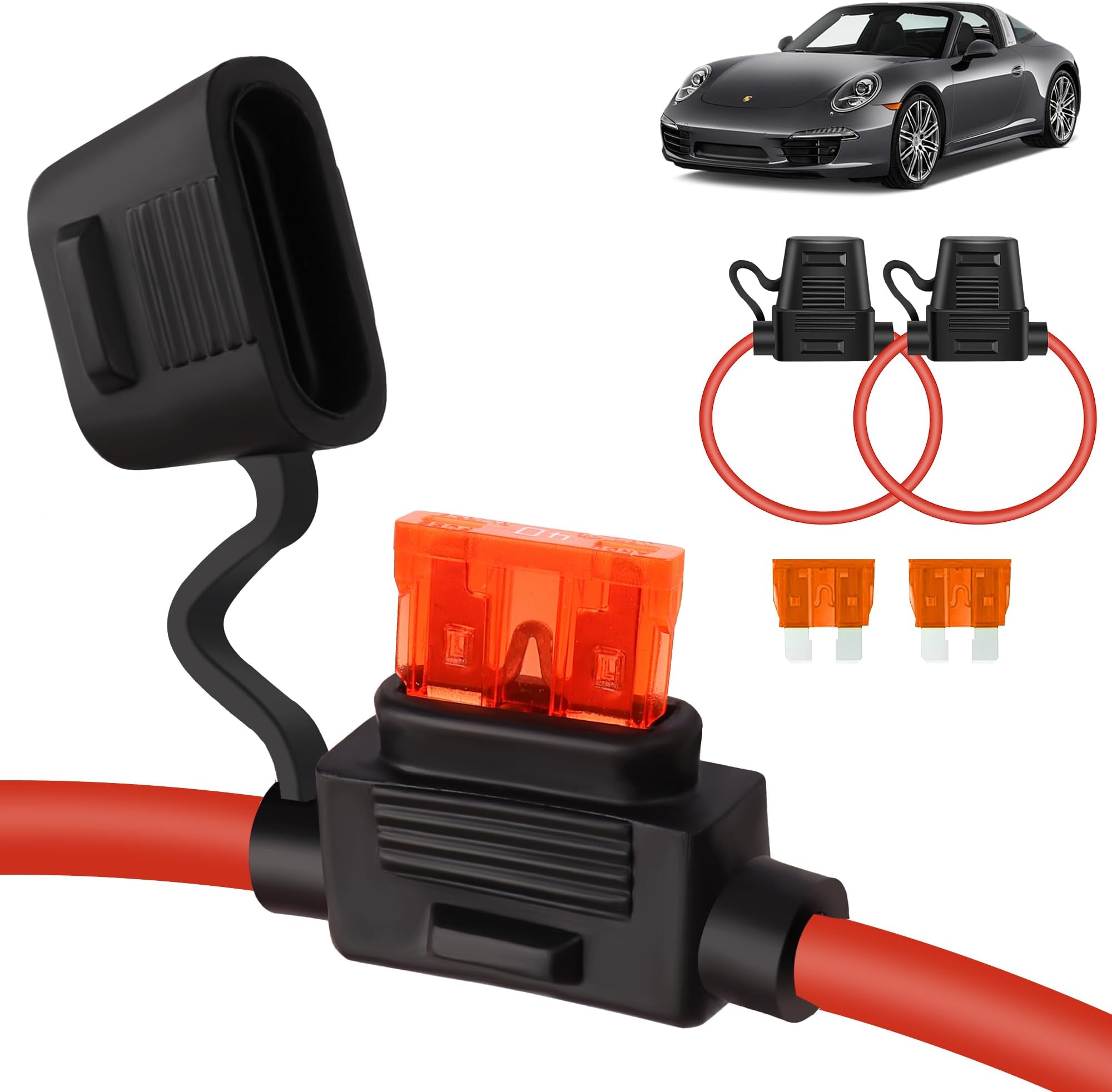 MulWark 2 Pack 10 Gauge Tinned Copper Marine Wire Waterproof IP67 Inline Fuse Holder Pigtail Blade Fuse Block Relay with 40AMP Automotive Fuses Set for Car Truck ATV Boat Motorbikes