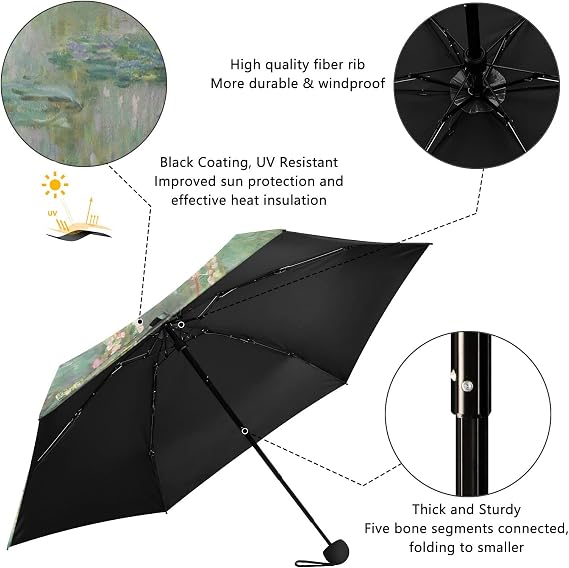 Travel Mini Umbrella Monet Water Lilies Tree Lightweight Compact Umbrella with Case