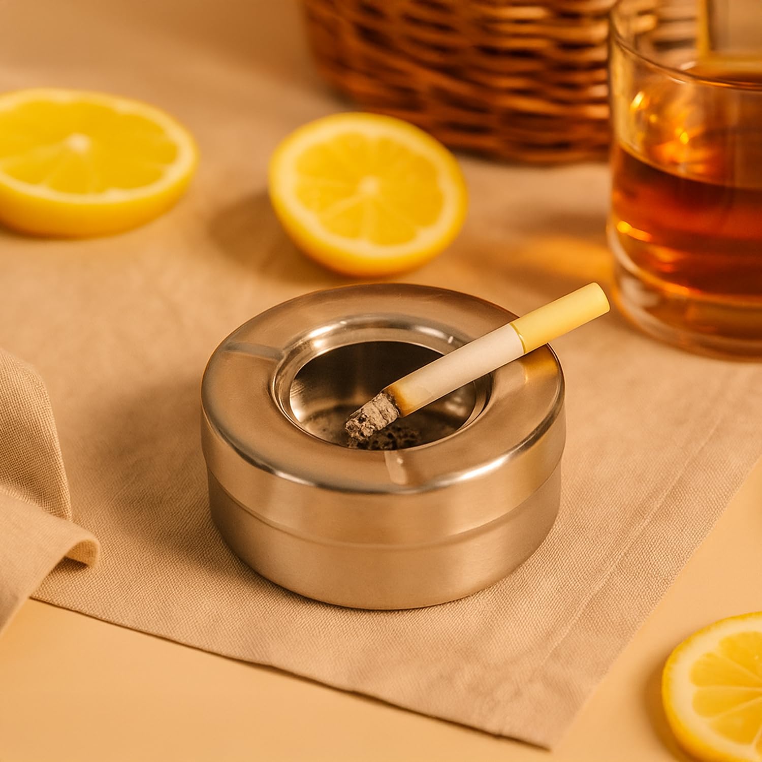 Picfest Stainless Steel Lid Cigarette Ash Holder Tray for Home, Office and Bar- Set of 1-picture-11