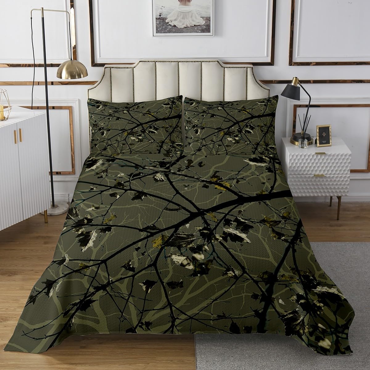 jejeloiu CamoTree Bedspread Queen Size Kids Army Green Green Hunting Coverlet Set for Boys Girls Teens Botanical Leaf Quilted Coverlet Soft Microfiber Wild Farmhouse Room Decor