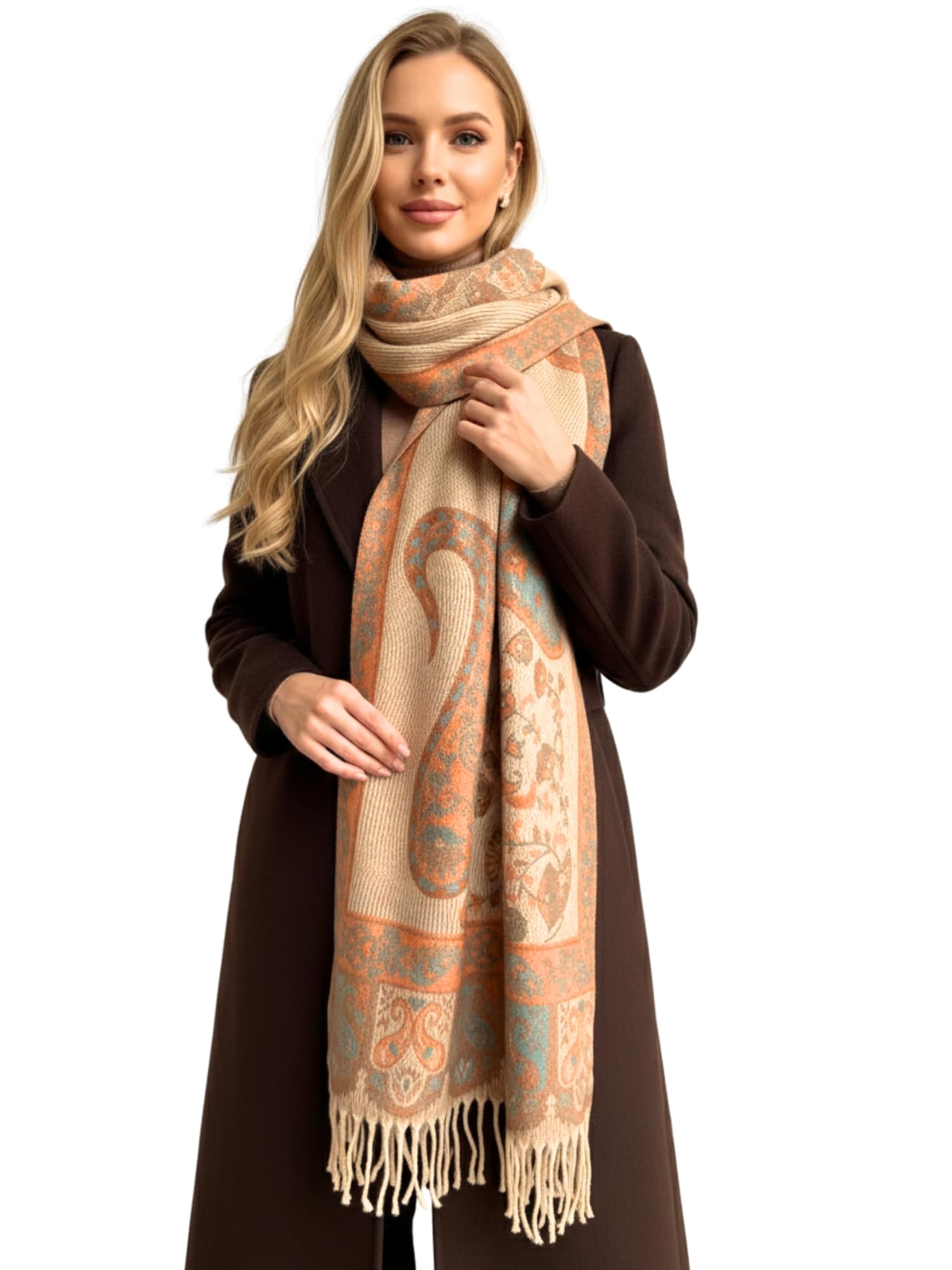The Accessory Co. Womens Pashmina Scarf Shawl Wrap - Blanket Scarf - Large Long Oversized Paisley Rainbow Ladies Scarves, Winter Scarfs, Thick Warm Indian Shawls, Stole (Peach/Cream)