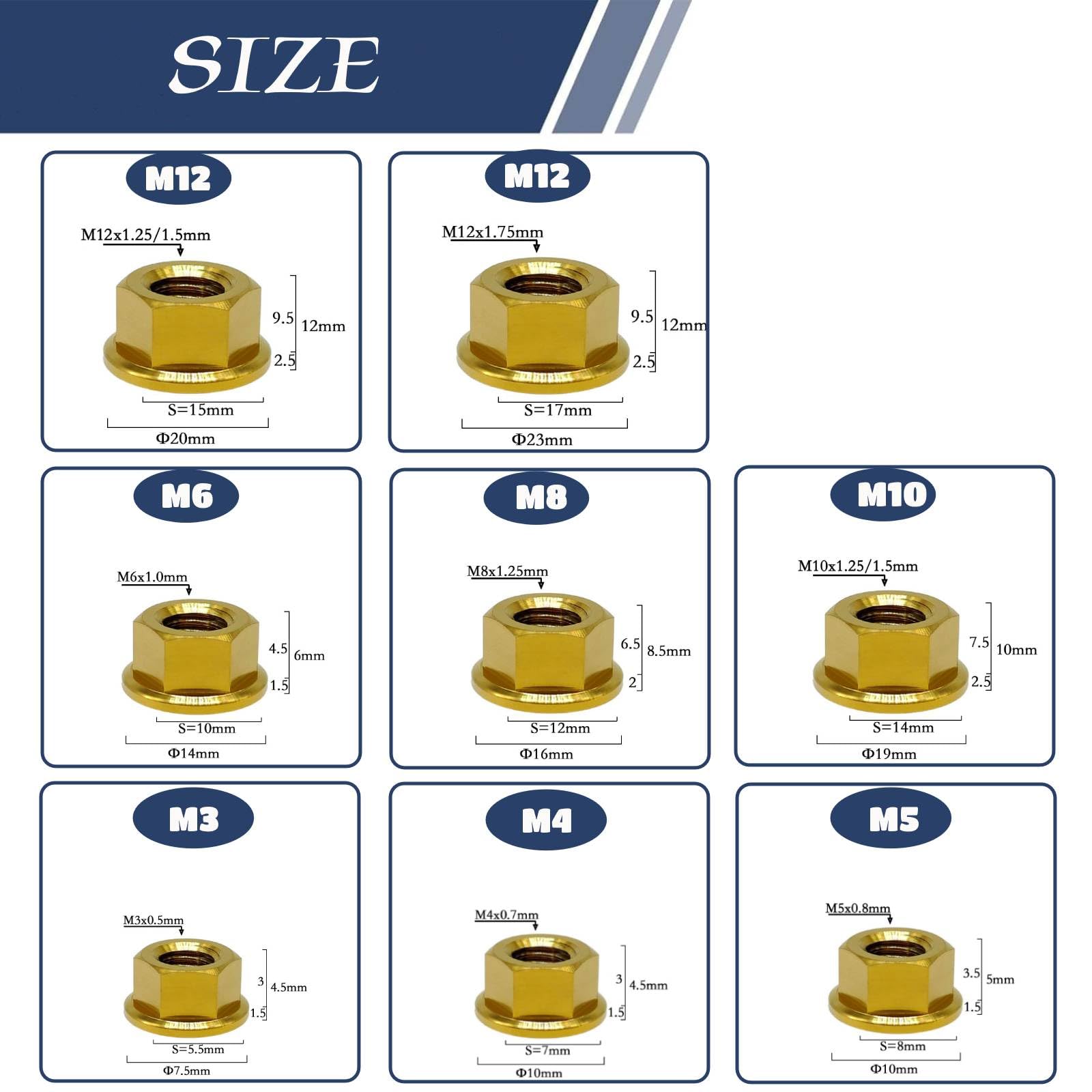 RISON Titanium Nut Titanium Flange Nut M8x1.25mm Titanium Sprocket Nut Gold 6AL4V Titanium Flange Nut for Motorcycle 5PCS