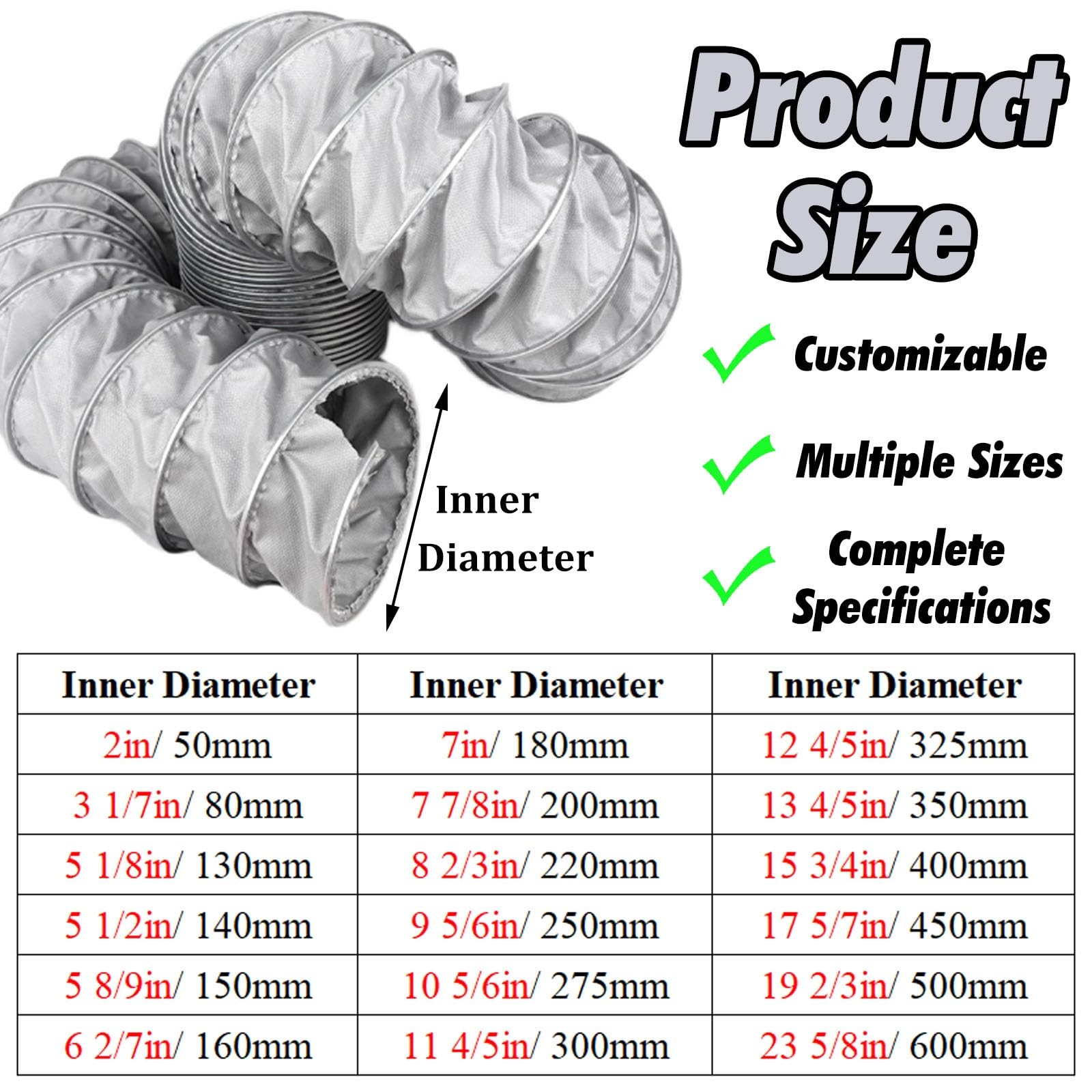 Tubo Flexible Conducto Aire Expandible De 2, 4 Y 6 M, Conducto Flexible Para Ventilador/extractor Con Soporte De Acero, Conducto Entrada Portátil(6ft/2m,ID 7in/180mm)