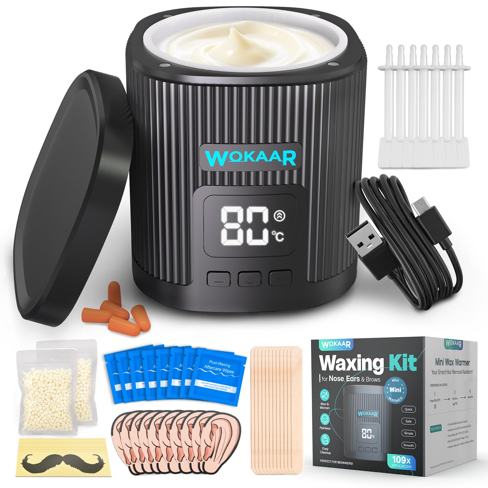 Nose Wax Kit for Eyebrow and Ear Hair | 100gWax, 50 Face Waxing Sticks | USB-C(5V/2A) Wax Warmer | Hair Removal Kit for Men & Women | 15 Pre/Post Wipes, Ear and Mustache Guards & Earplug 1 Ounce (Pack of 1)