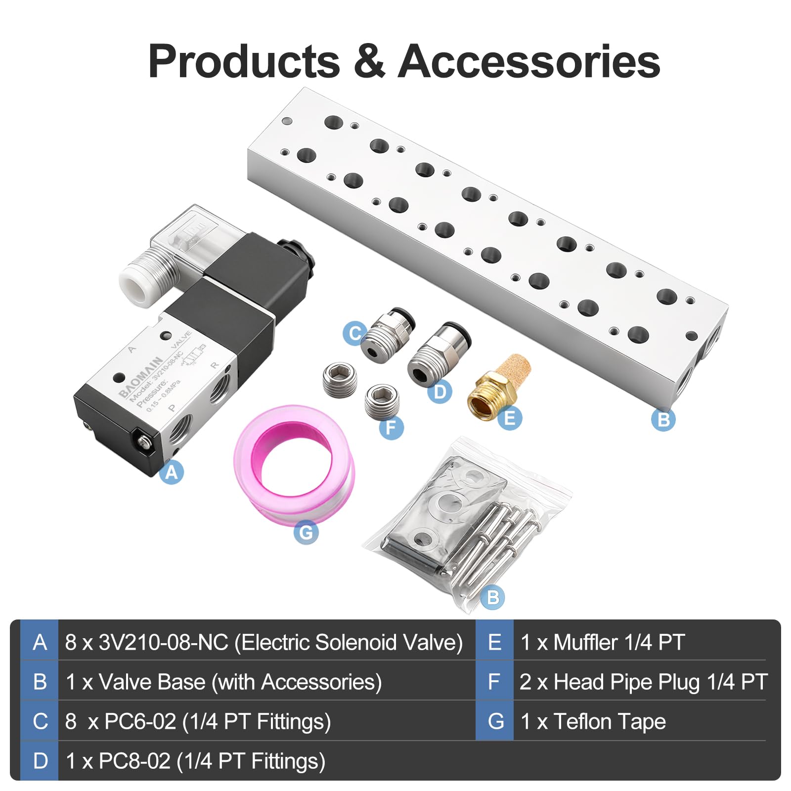 Baomain Válvula solenoide neumática de 8 espacios 3V210-08 DC 24V PT1/4, 3 vías, 2 posiciones con silenciador de base, juego de accesorios rápidos