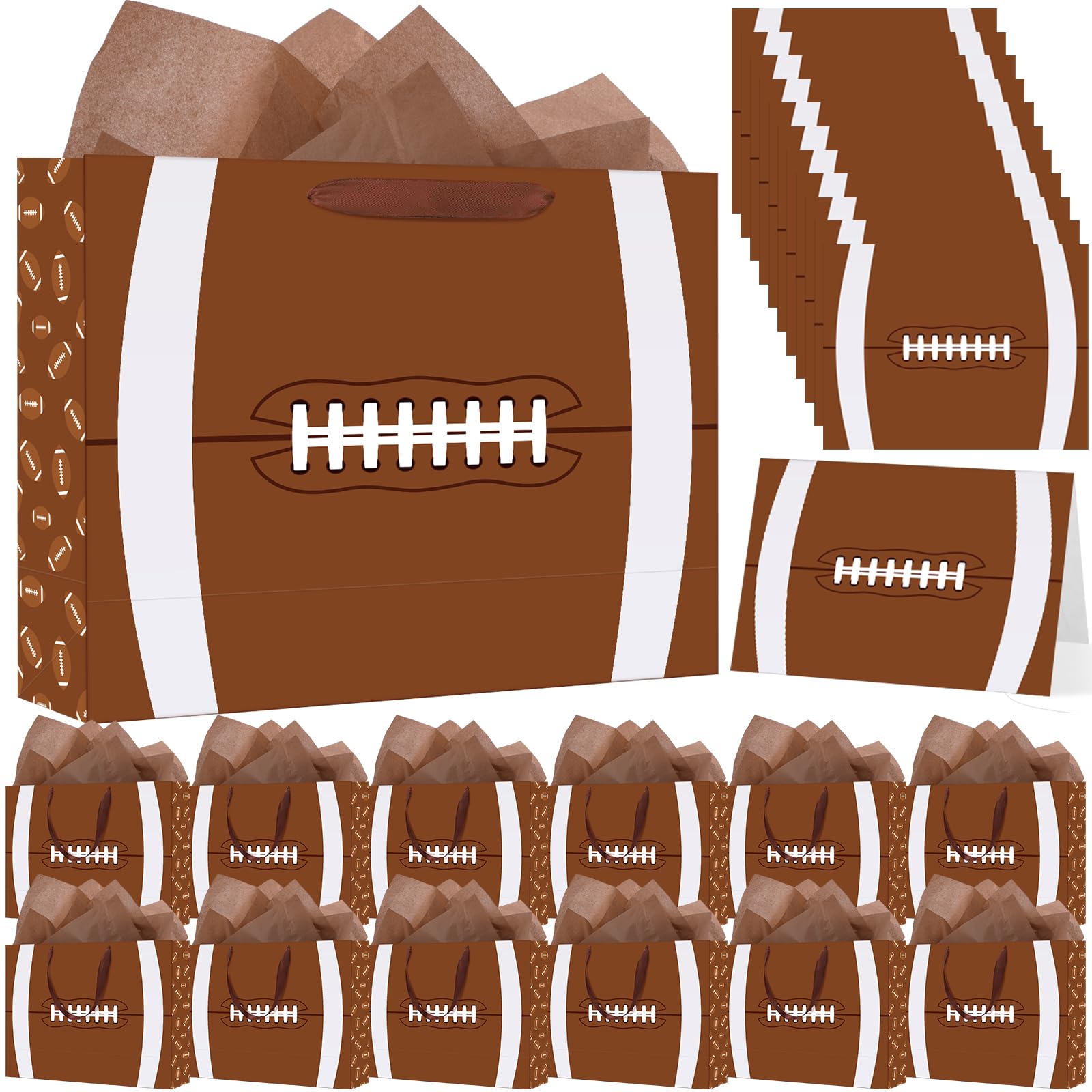 Maitys 12 Pack Large Football Gift Bags with Tissue Paper and Greeting Card Football Birthday Party Gift Wrapping Bag for Men Sports Themed Goodie Treat Snack Bags Party Favors Supplies, 12.6 x 9.8 in